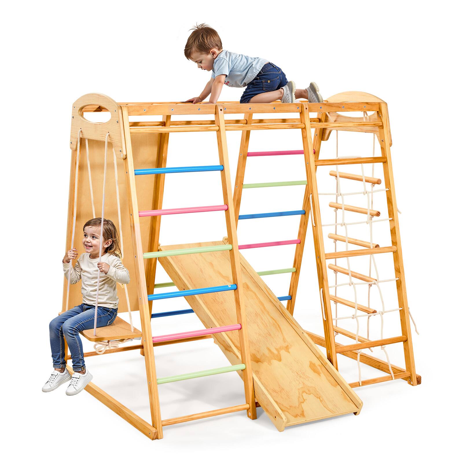 Front. VEVOR - Indoor Wooden Playground Jungle Gym, 7-in-1 Kids Playset with Swing, Monkey Bar, Slide, Wooden Ladder, Rope Ladder - color.