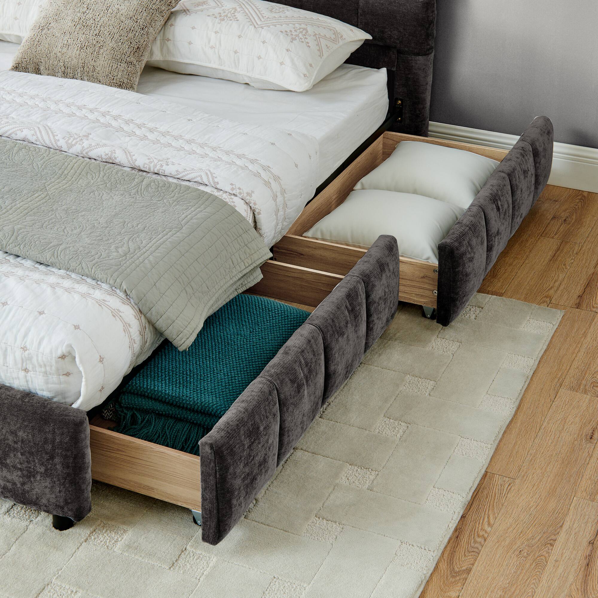 Back. Anysun - King Chenille Upholstered Bed Frame with Headboard - Solid Construction & Storage Drawer. - Grey.