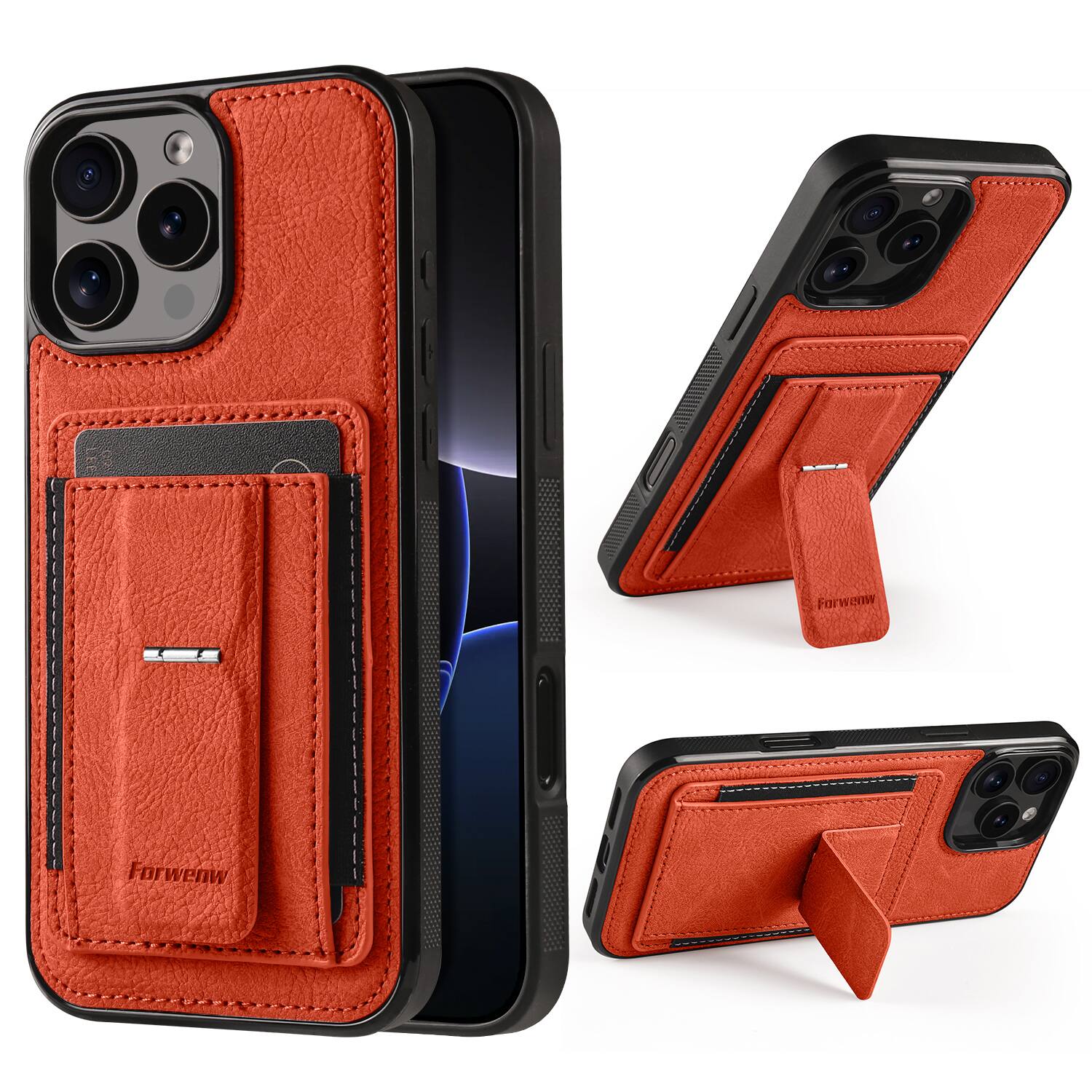 Dteck - Slim Card Holder Case for Apple iPhone 16 Pro Max, Shockproof Wallet Protective Cover with Kickstand - Orange