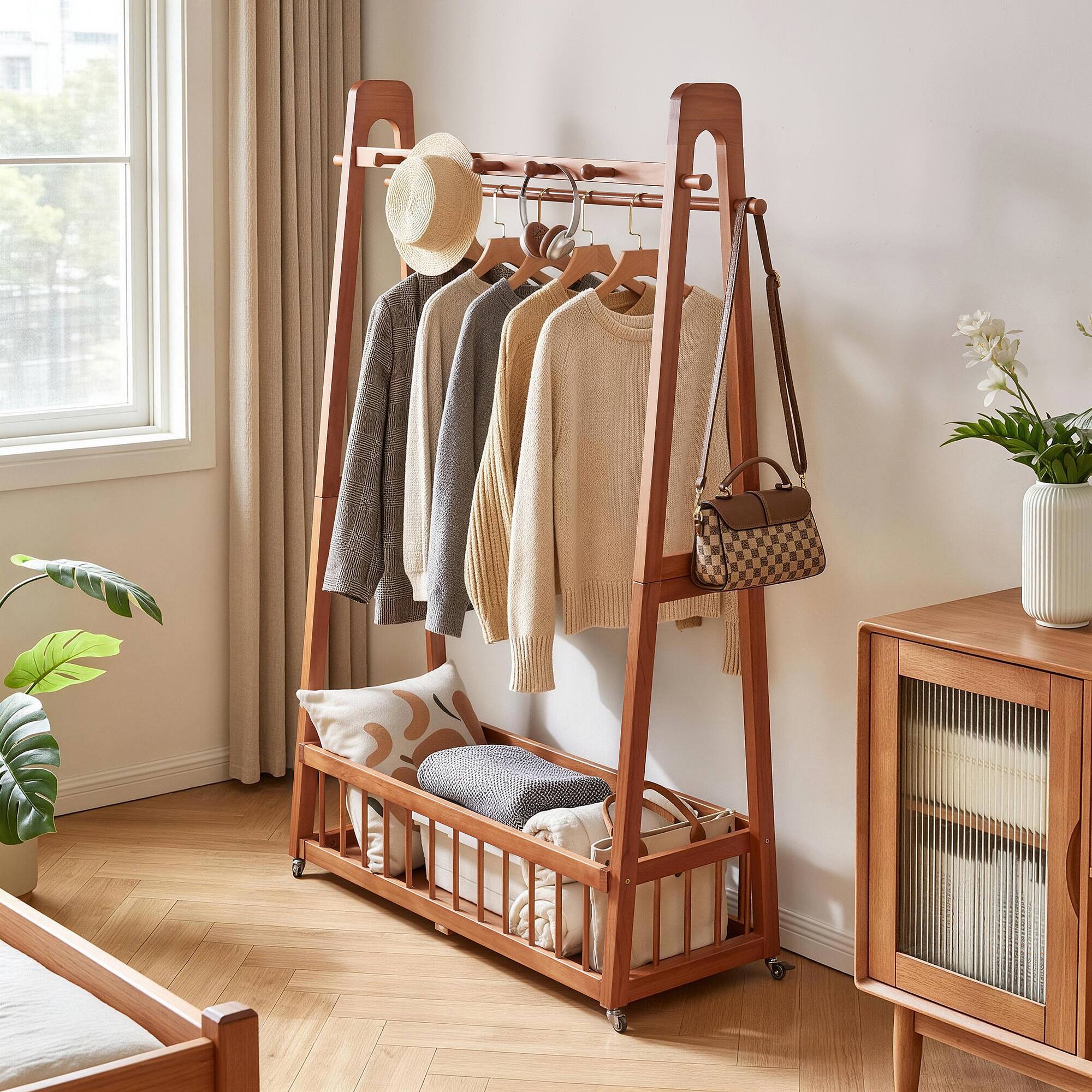 LUCKY ONE Solid Wood Freestanding Clothing Garment Rack with Lockable ...