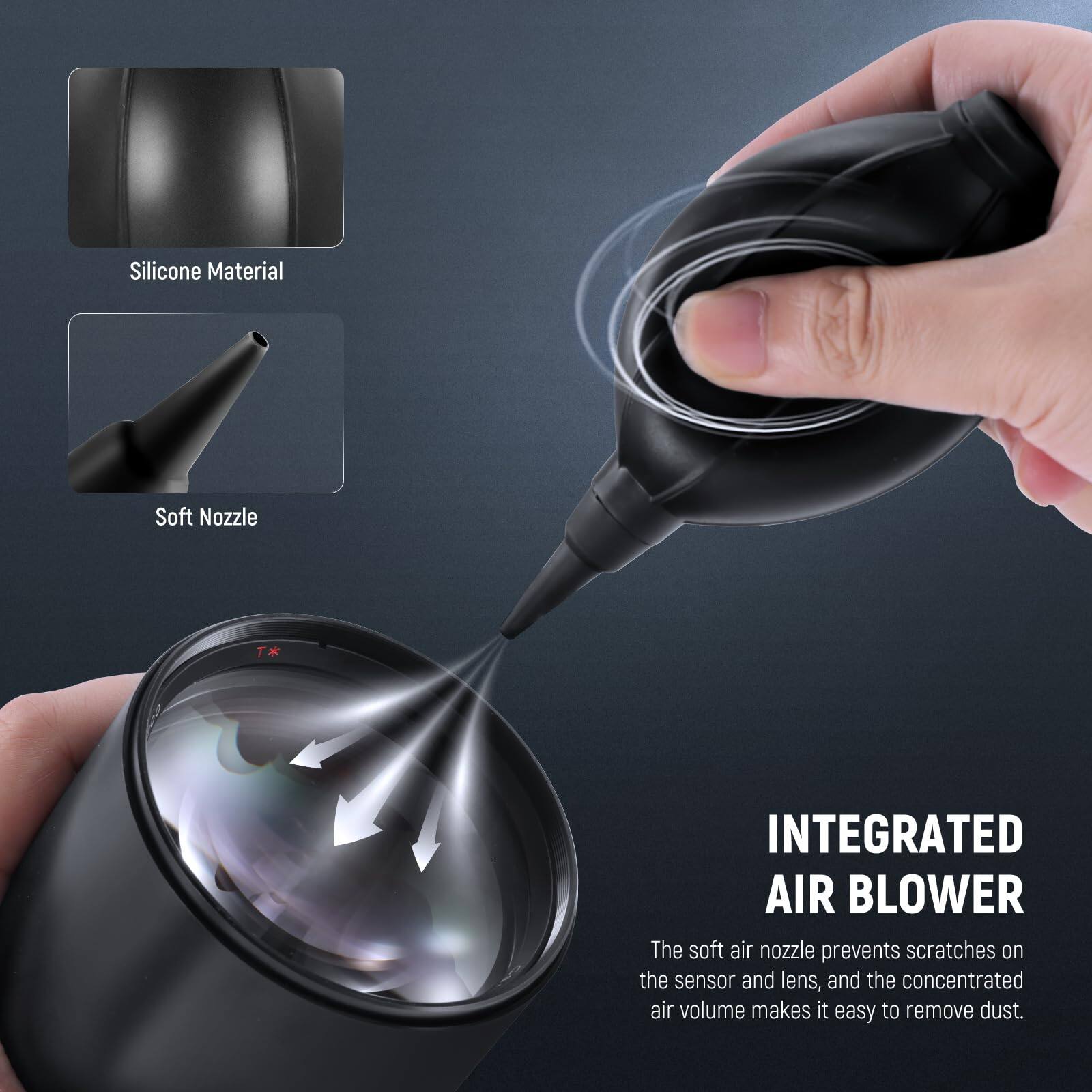 Silicone Material Soft Nozzle

INTEGRATED AIR BLOWER

The soft air nozzle prevents scratches on the sensor and lens, and the concentrated air volume makes it easy to remove dust.