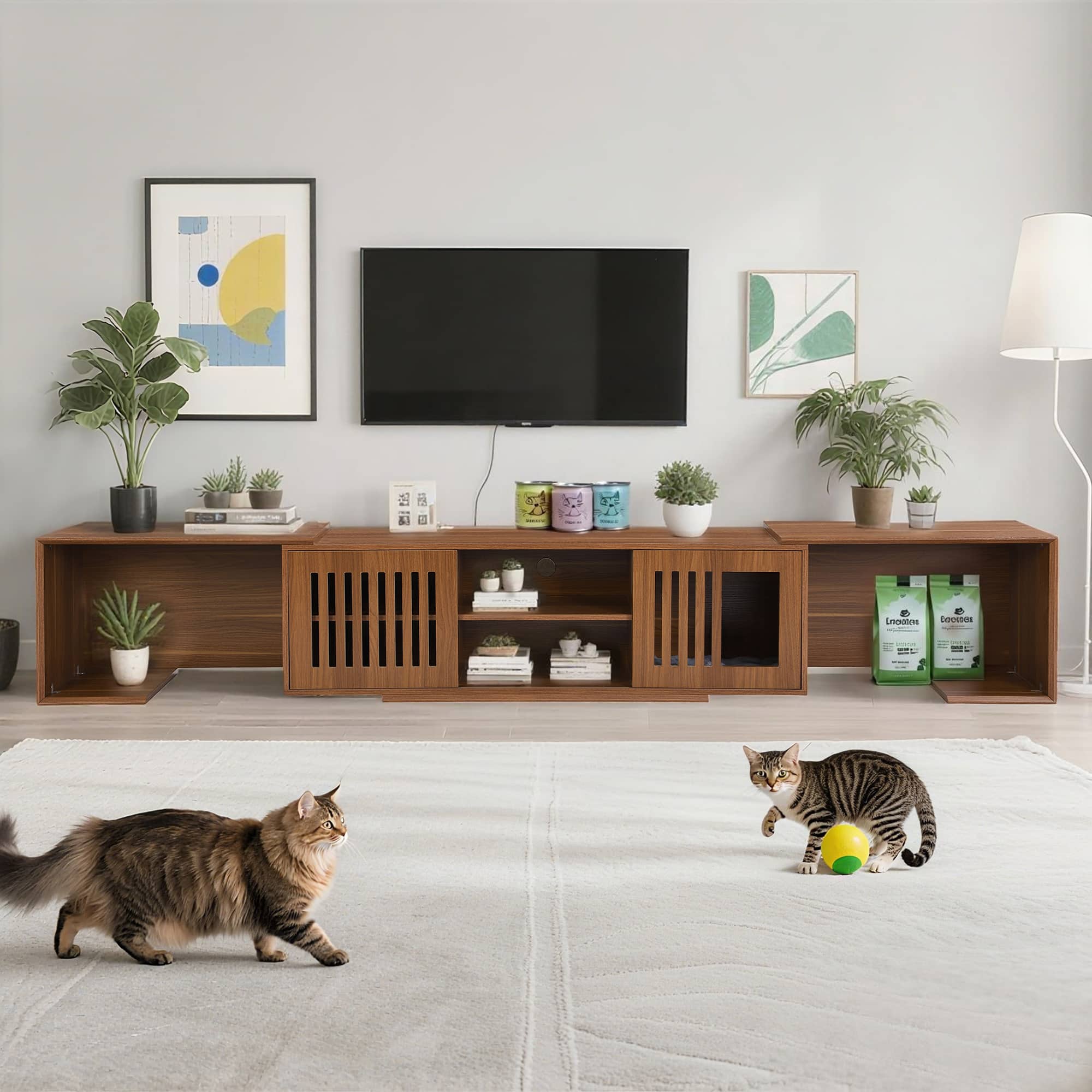 Spaco - 54" Mid Century Extendable TV Stand up to 100" TVs with Cat House Litter Box, Sliding Doors for Living Room - Walnut
