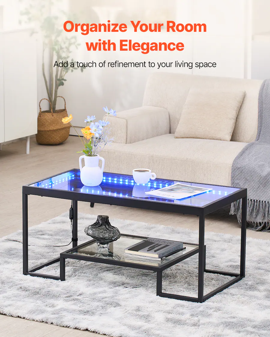 VEVOR Coffee Table, Modern Tempered Glass Coffee Table with Lighting, 2 ...