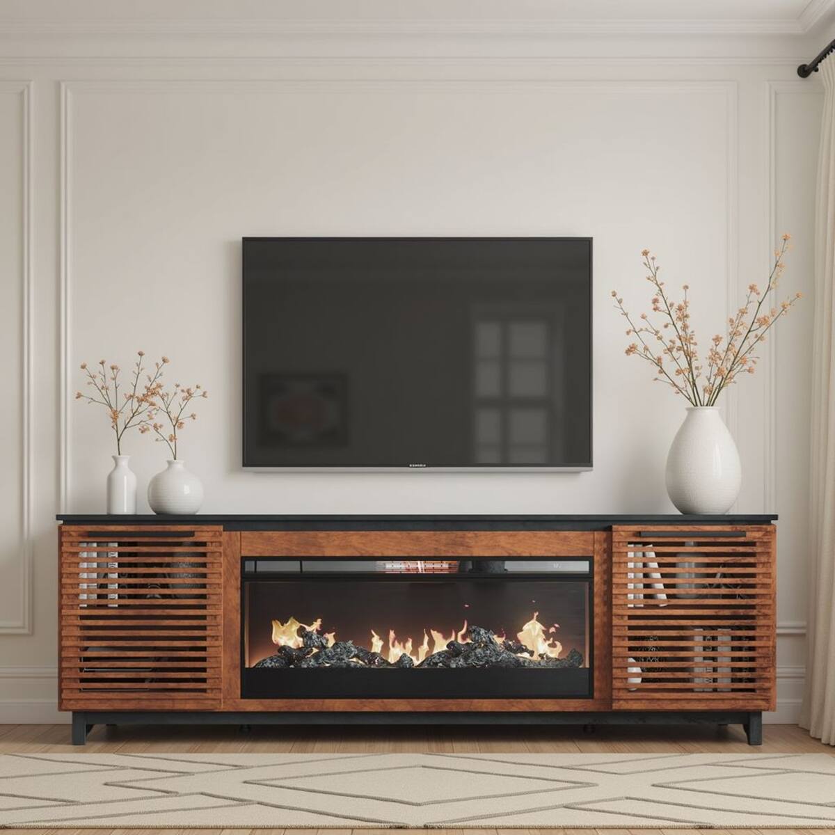 Front. Loheer - Loheer 86 inch fireplace tv stand for 95 inch tv, Bourbon Finish - Brown.