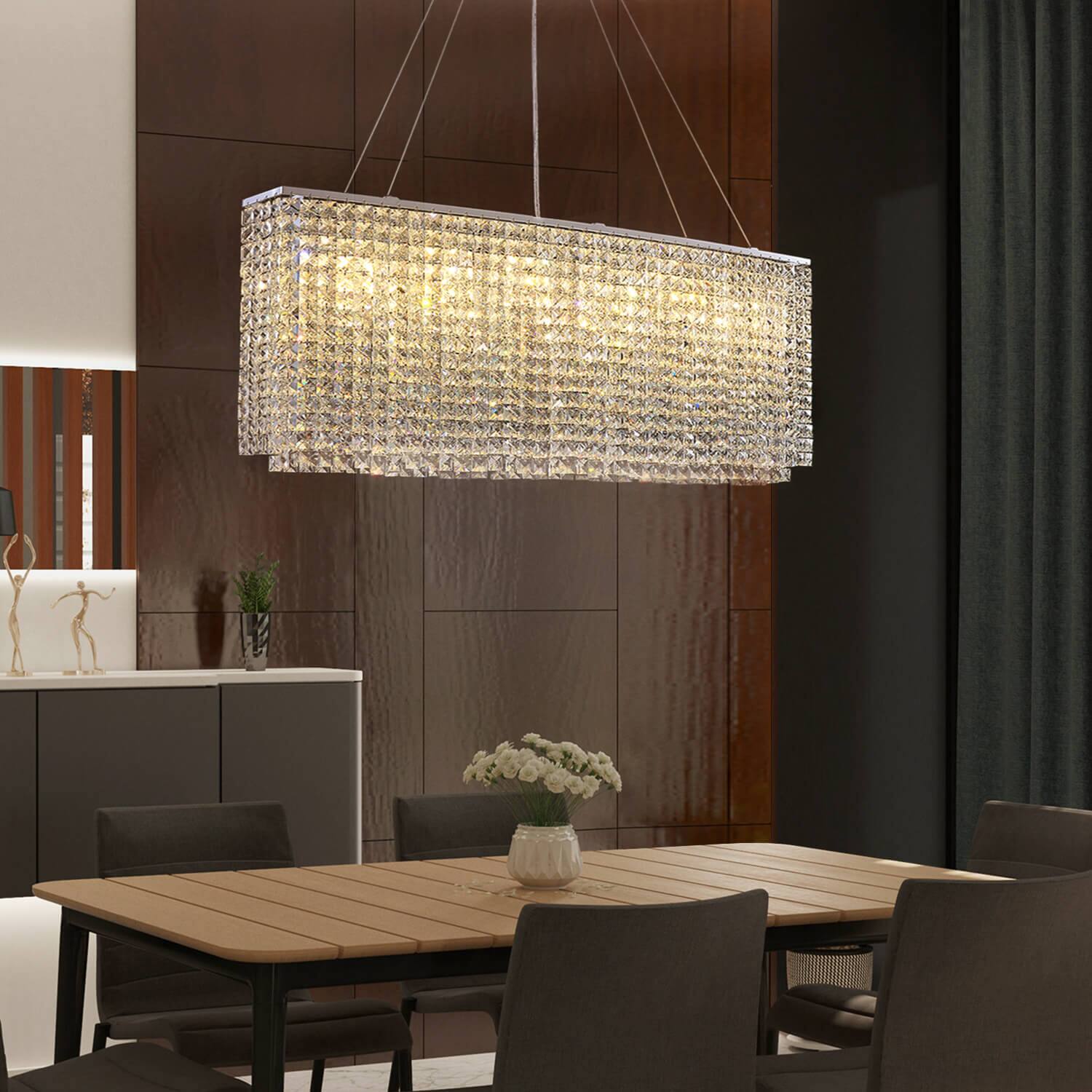 Left. Siljoy - Modern Linear Rectangular Crystal Chandelier K9 Raindrop Crystals  for Dining Room, Kitchen Island & Living Roomm - White.