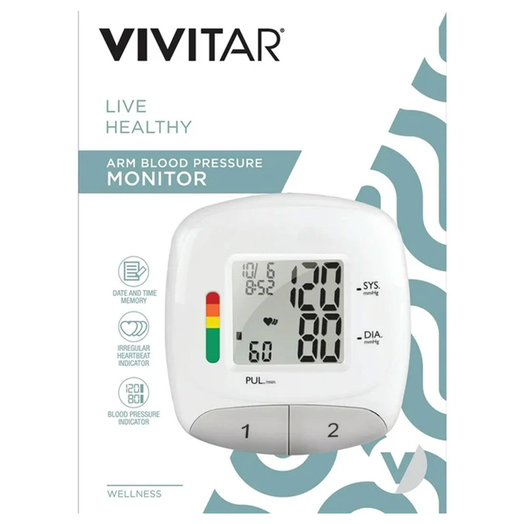 VIVITAR LIVE HEALTHY ARM BLOOD PRESSURE MONITOR  
DATE AND TIME MEMORY 10/6 8:52  
SYS. 120mm Hg  
IRREGULAR HEARTBEAT INDICATOR  
BLOOD PRESSURE INDICATOR 120/80  
WELLNESS  
PUL 60  
DIA. 80mm Hg