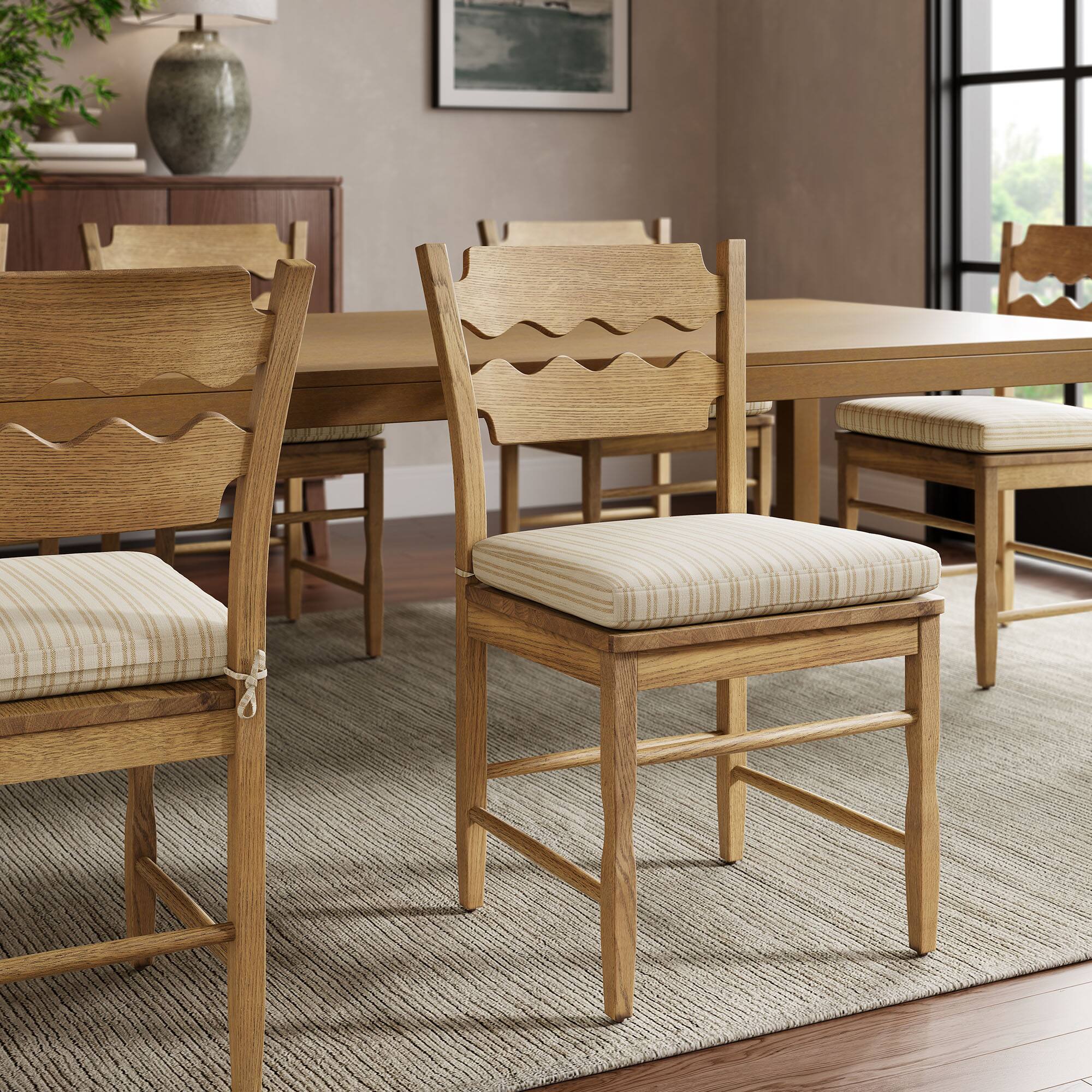 Front. Modway - Jax Oak Wood Dining Chair With Wavy Razor Back and Cushion by Modway - Weathered Oak Oatmeal Stripe.