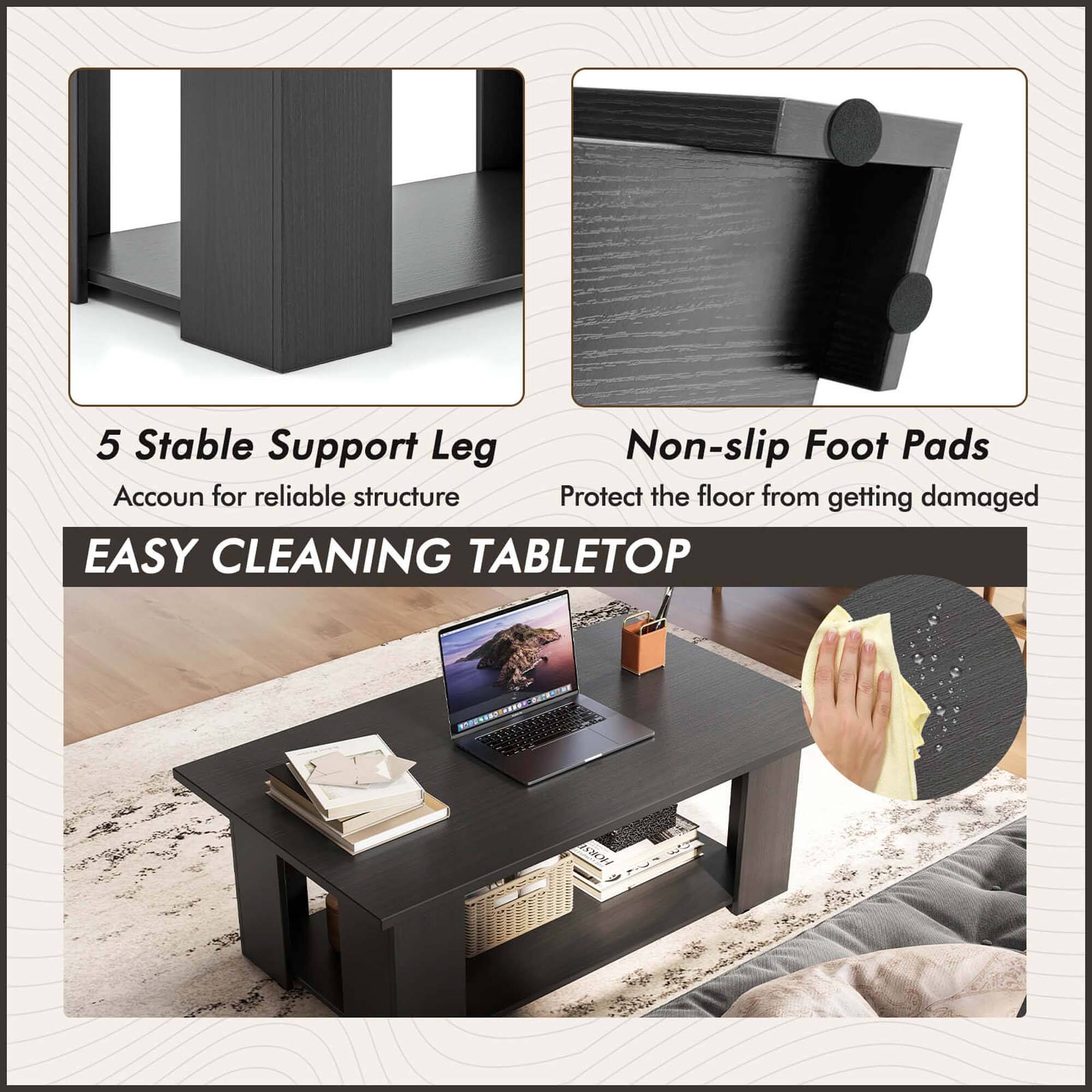 The text on the image is grouped and corrected as follows:

"5 Stable Support Legs, Non-slip Foot Pads, Account for reliable structure, Protect the floor from getting damaged, Easy Cleaning Tabletop."