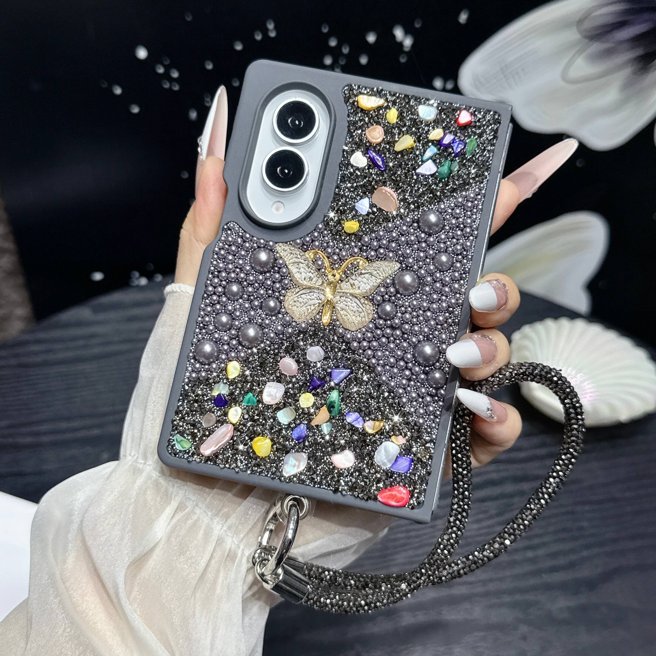 Left. Dteck - Diamond Case for Samsung Galaxy Z Fold 8, Sparkle Glitter Rhinestone Butterfly Phone Cover with Strap - Gray.