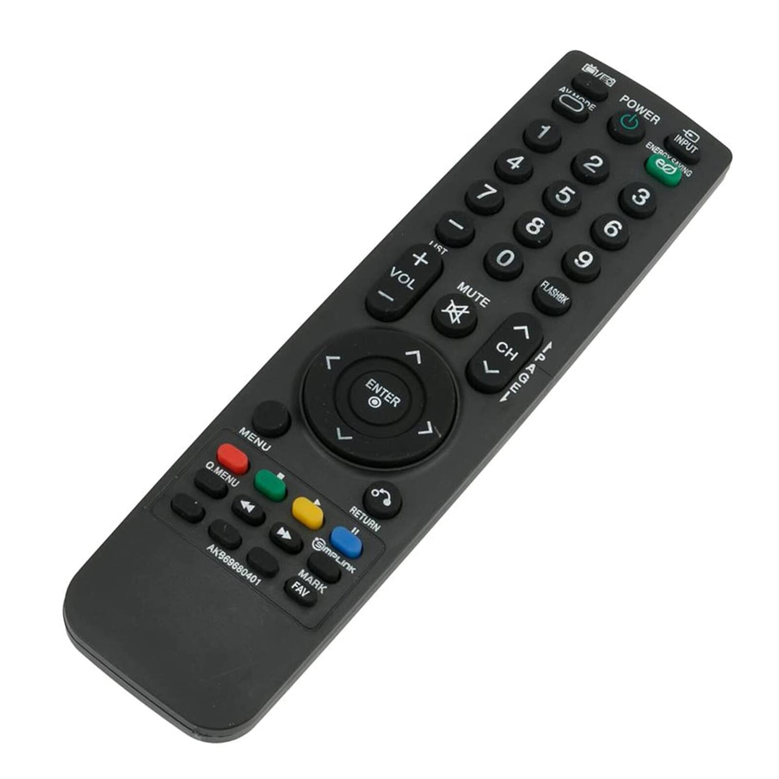 Sure, here is the corrected and grouped text from the image:

- **Top Section:**
  - AMMONE
  - POWER
  - INPUT
  - ENERGY SAVING

- **Number Pad:**
  - 1
  - 2
  - 3
  - 4
  - 5
  - 6
  - 7
  - 8
  - 9
  - 0

- **Volume and Channel Controls:**
  - VOL -
  - VOL +
  - MUTE
  - CH -
  - CH +
  - FLASHER
  - ENTER

- **Menu and Navigation:**
  - MENU
  - Q.MENU
  - RETURN
  - FAV
  - MARK

- **Additional Buttons:**
  - AGEL
  - SIMPLINK

- **Bottom Section:**
  - AKB69680401