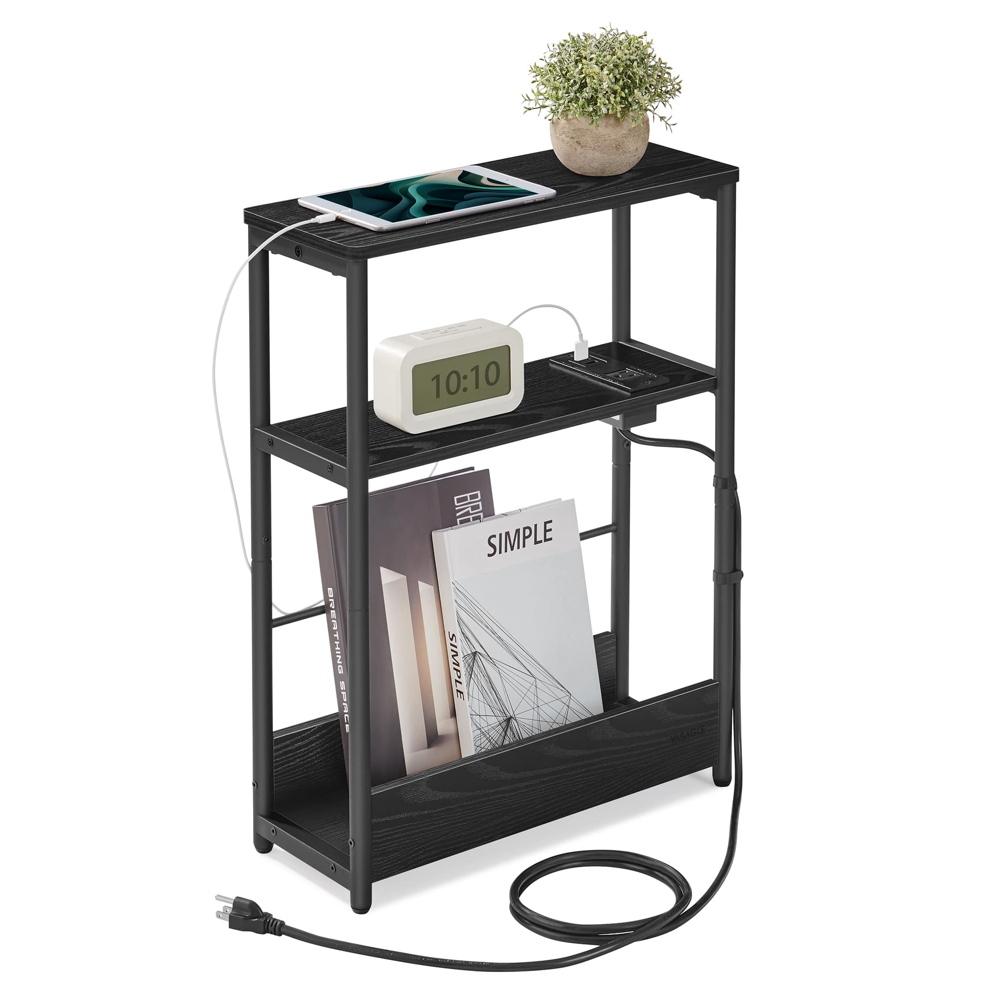 Songmics Home - Side Table with Charging Station, Narrow End Table, 3-Tier Nightstand, Sofa Table for Small Spaces, Magazine Rack - Ebony Black and Ink Black