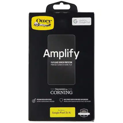 Otter BOX made for Google Pixel Amplify FLAT GLASS SCREEN PROTECTOR PROTEGE-ECRAN EN VERRE PLAT ENGINEERED by CORNING PRECISION INSTALLATION SYSTEM SYSTEME INSTALLATION DE PRECISION HELPS PROTECT DISPLAY FROM DROPS AND SCRATCHES PROTEGE VOTRE ECRAN DES GOUTTES D'EAU ET DES RAYURES for/pour Google Pixel 3a XL Lifetime WARRANTY