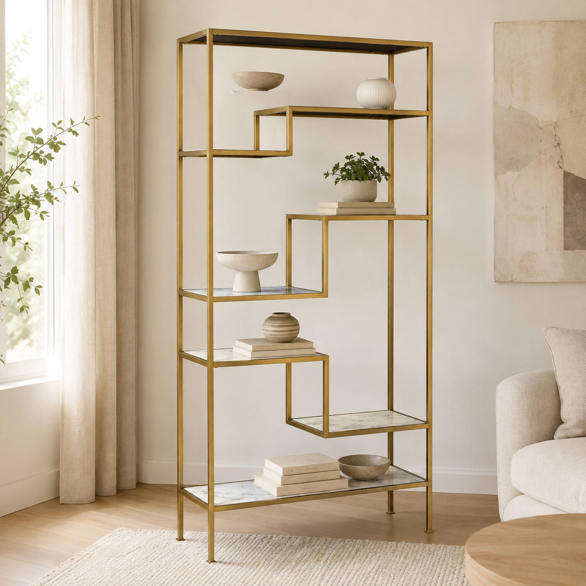 Alt View 1. Teamson Home - 5-Tier Faux Marble Display Shelf Unit - Brass.