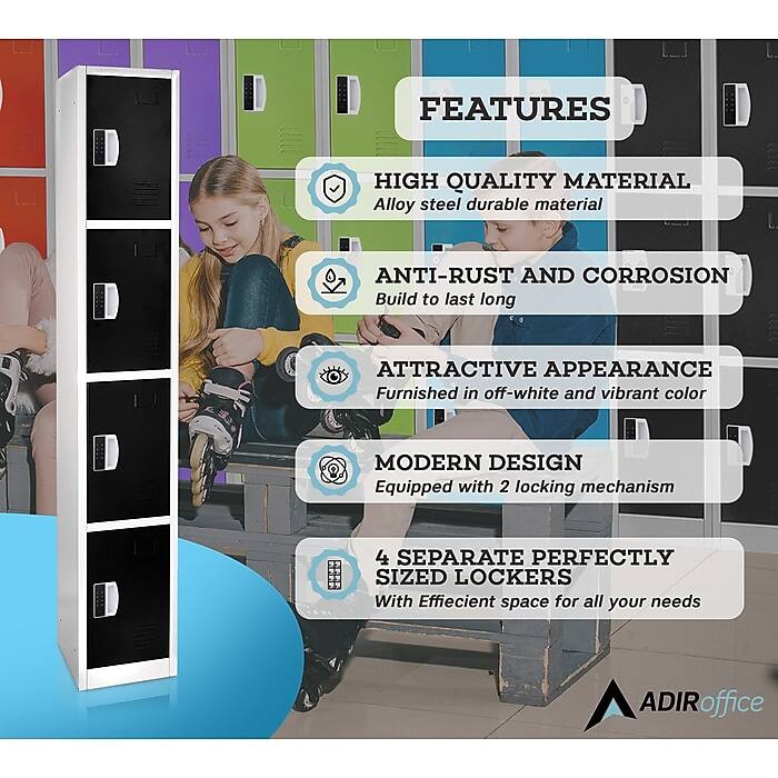 FEATURES
HIGH QUALITY MATERIAL
Alloy steel durable material
ANTI-RUST AND CORROSION
Build to last long
ATTRACTIVE APPEARANCE
Furnished in off-white and vibrant color
MODERN DESIGN
Equipped with 2 locking mechanism
4 SEPARATE PERFECTLY SIZED LOCKERS
With Efficient space for all your needs
ADIRoffice