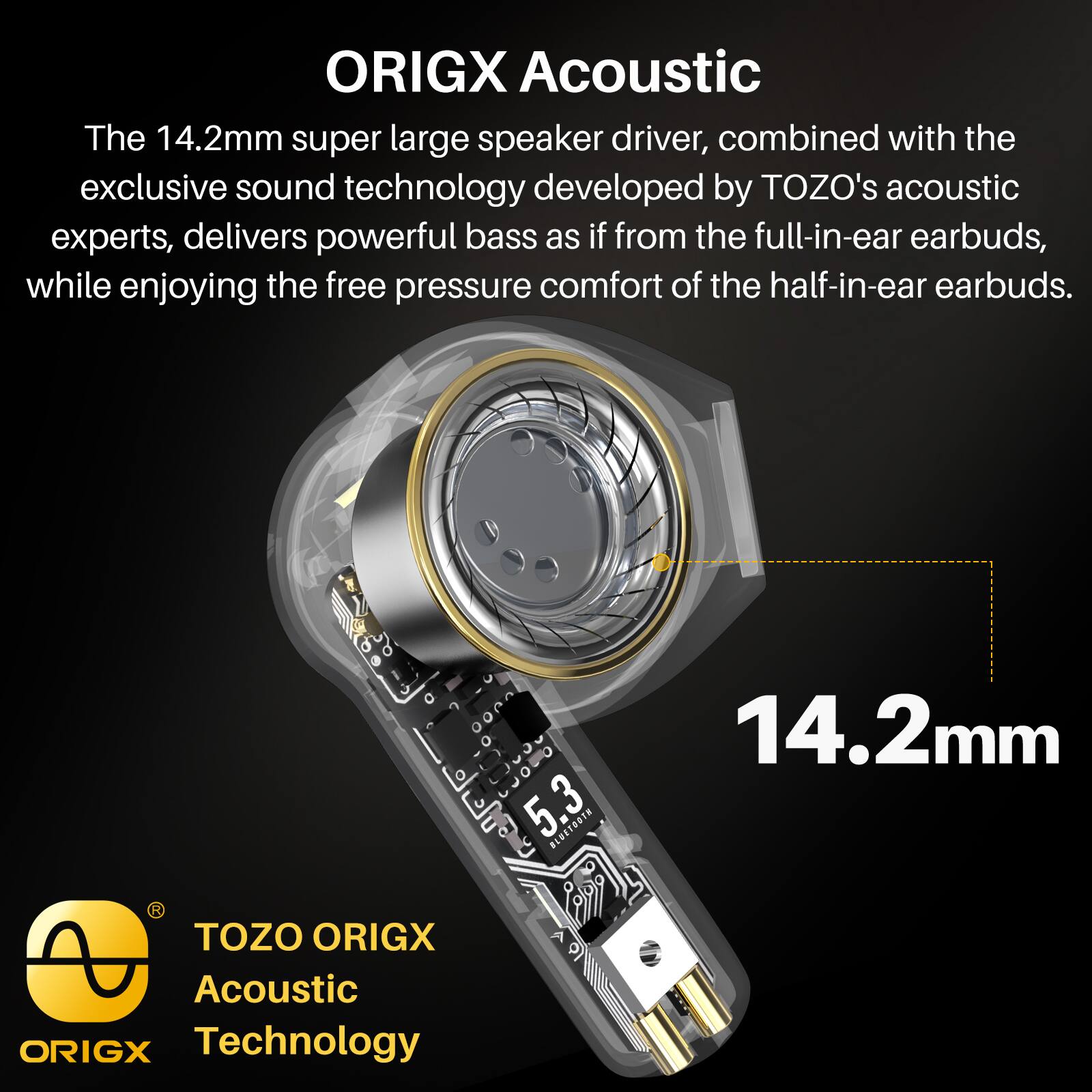 ORIGX Acoustic, The 14.2mm super large speaker driver, combined with the exclusive sound technology developed by TOZO's acoustic experts, delivers powerful bass as if from the full-in-ear earbuds, while enjoying the free pressure comfort of the half-in-ear earbuds. 14.2mm TOZO ORIGX Acoustic ORIGX Technology
