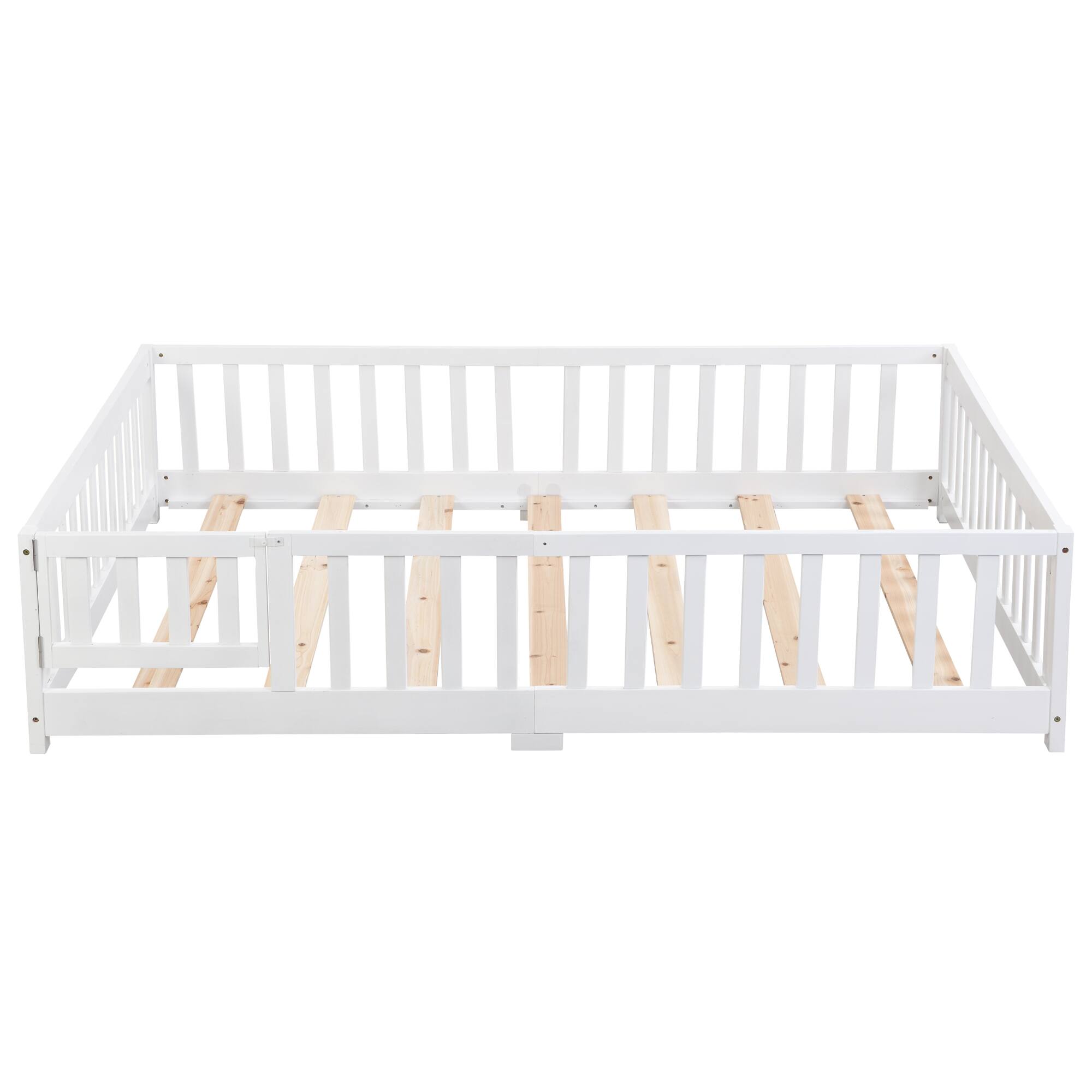 Back. GOODSILO - Twin Size Solid Wood Platform Floor Bed with Safety Guardrails and Door for Children's Room - White.