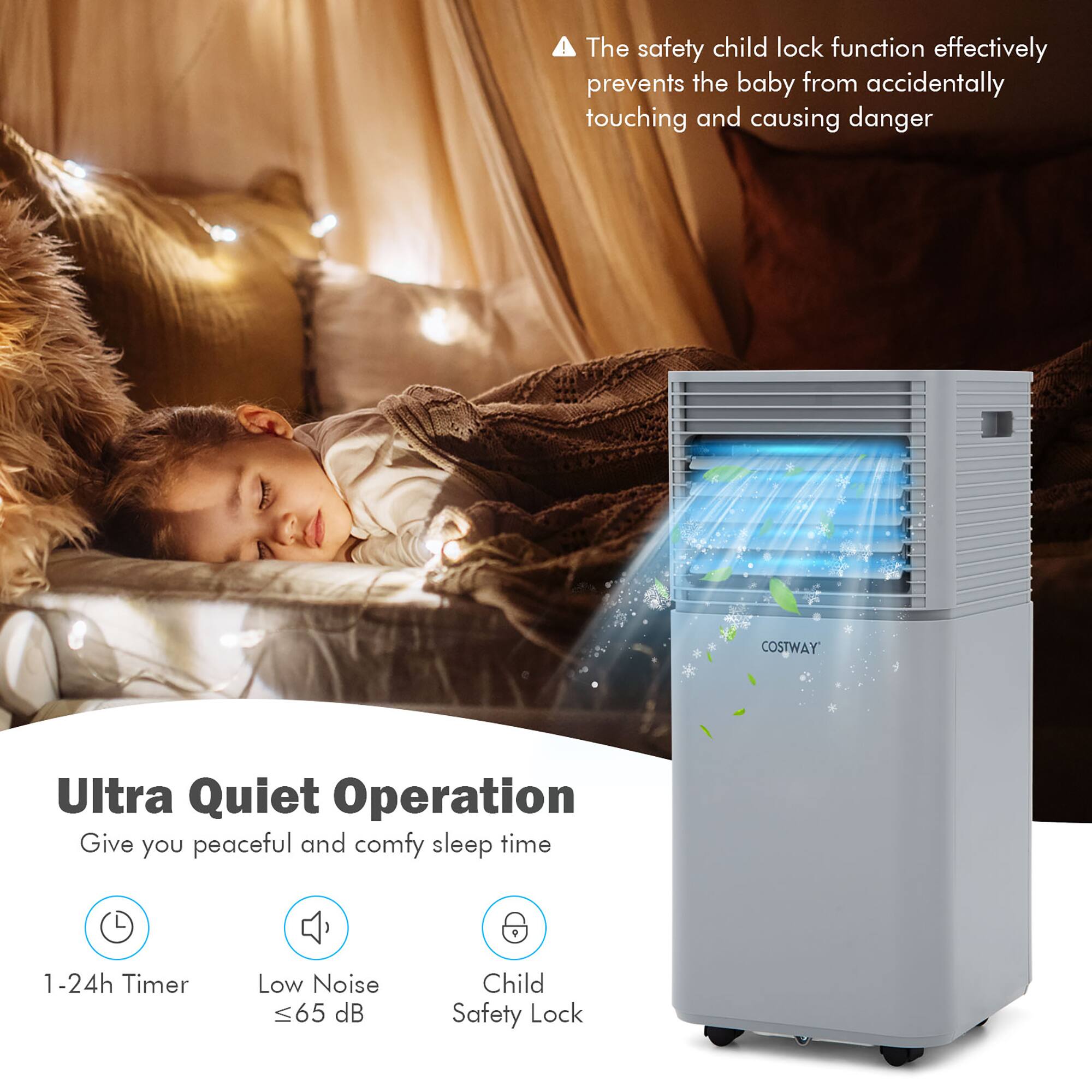 The image features a baby sleeping in a bed, with a peaceful and comfy sleep time being advertised. The advertisement highlights the safety child lock function, which effectively prevents the baby from accidentally touching and causing danger. Additionally, the Ultra Quiet Operation feature ensures a low noise level of less than 65 dB, providing a comfortable sleep environment for the baby. The 1-24h timer also allows for customizable sleep duration, ensuring that the baby gets the right amount of rest.
