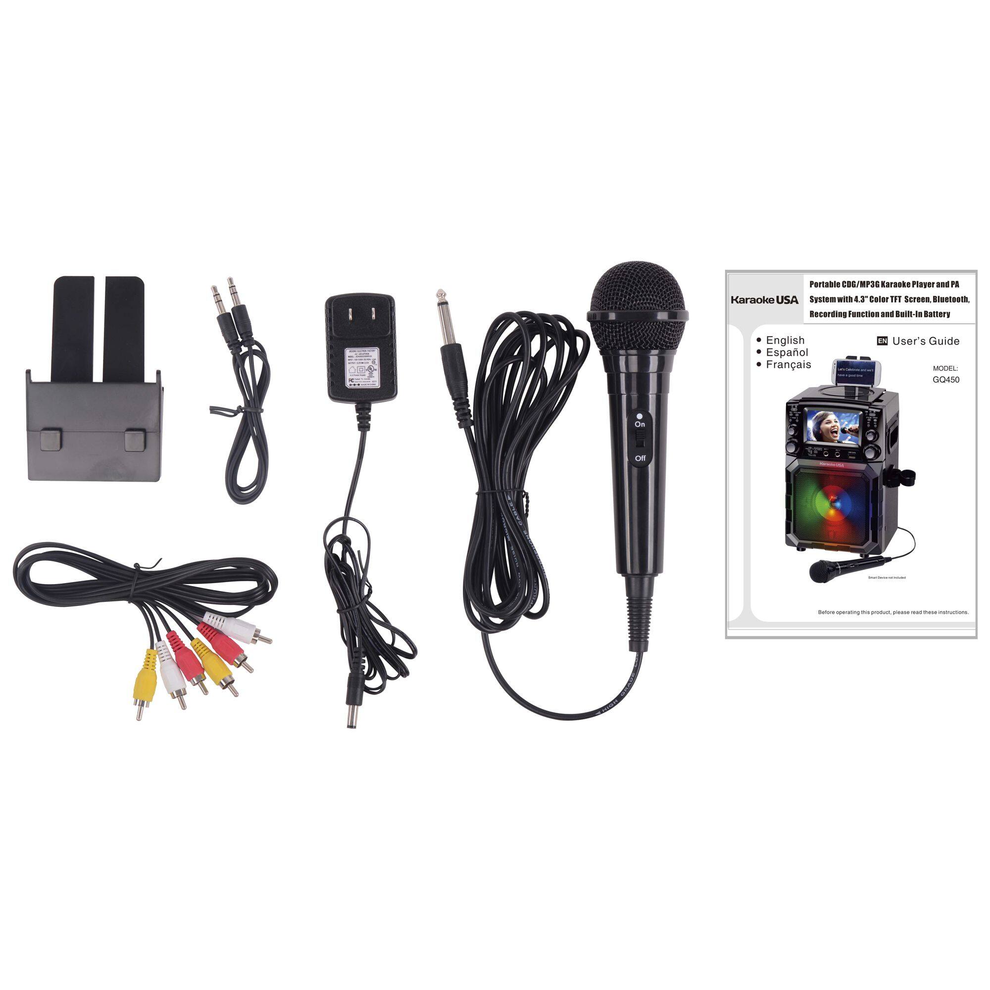 Karaoke USA Portable CD/MP3 Karaoke Player and PA System with 4.3" Color TFT Screen, Bluetooth, Recording Function and Built-in Battery

User's Guide

Languages:
- English
- Español
- Français

MODEL: GC450

Before operating the product, please read these instructions.