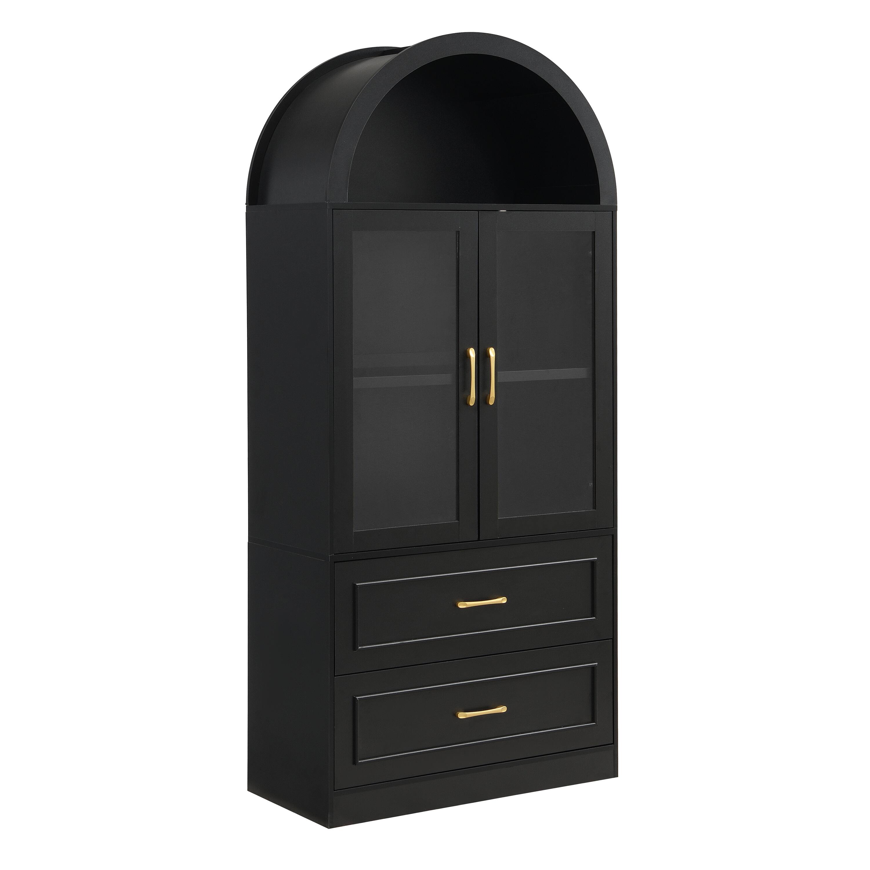Alt View 8. Loheer - Loheer Black Tall Cabinet, Arched Storage Cabinet with Glass Doors, Modern Display Cabinet for Living Room - Black.