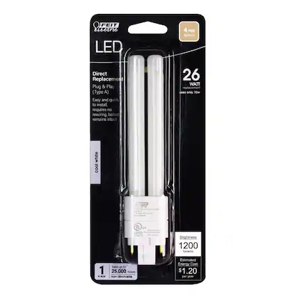 FEIT Electric LED
4 PIN 0240-3
Direct Replacement
Plug & Play (Type A)
Easy and quick to install, requires no rewiring. Ballast remains intact.
26 WATT replacement uses only 10w
Cool White
Brightness 1200 lumens
Lasts up to 25,000 hours
Non-dimmable
Estimated Energy Cost $1.20 per year
US LISTED
1 PLUG-IN