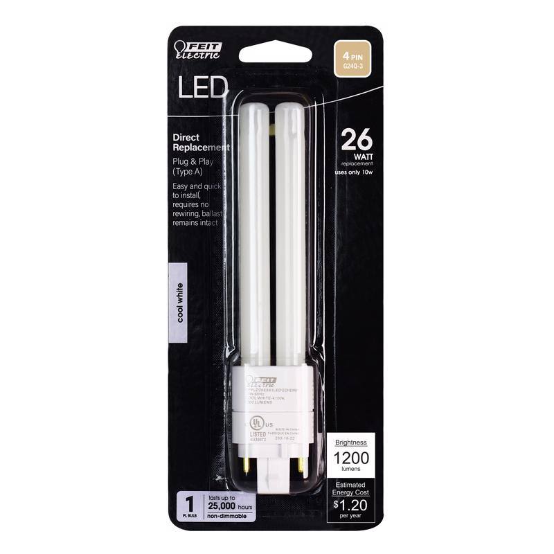 FEIT Electric LED  
4 PIN 0240-3  
Direct Replacement  
Plug & Play (Type A)  
Easy and quick to install, requires no rewiring. Ballast remains intact.  
26 WATT replacement uses only 10w  
Cool White  
Brightness 1200 lumens  
Lasts up to 25,000 hours  
Non-dimmable  
Estimated Energy Cost $1.20 per year  
US LISTED  
1 PLUG-IN