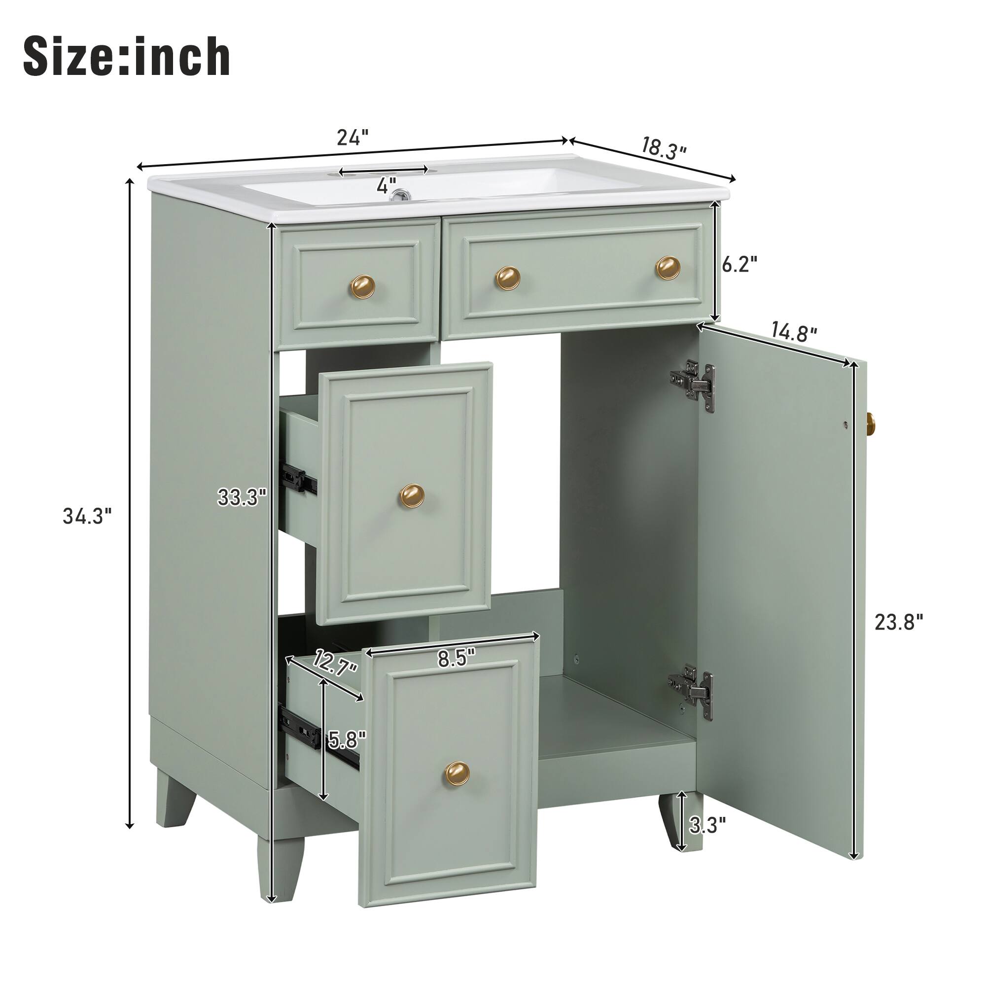 Size: inch  
24" 4" 18.3" 6.2" 14.8" 34.3" 33.3" 12.7" 8.5" 23.8" 5.8" 3.3"