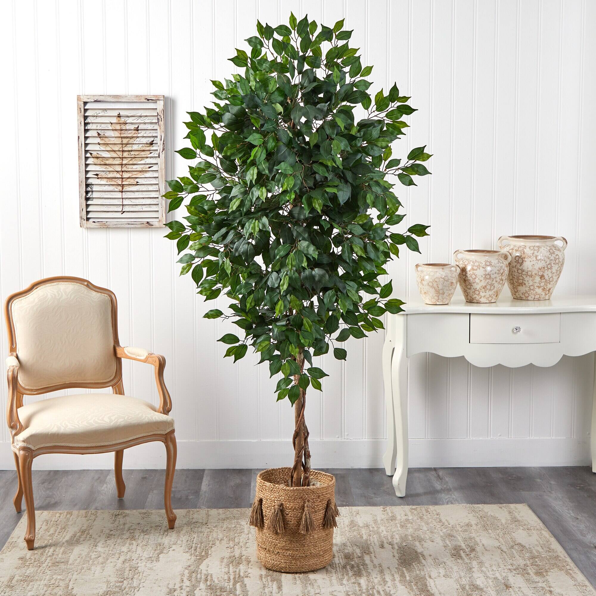 Left. BreeBe - 6' Ficus Artificial Tree in Natural Jute Planter - Green.