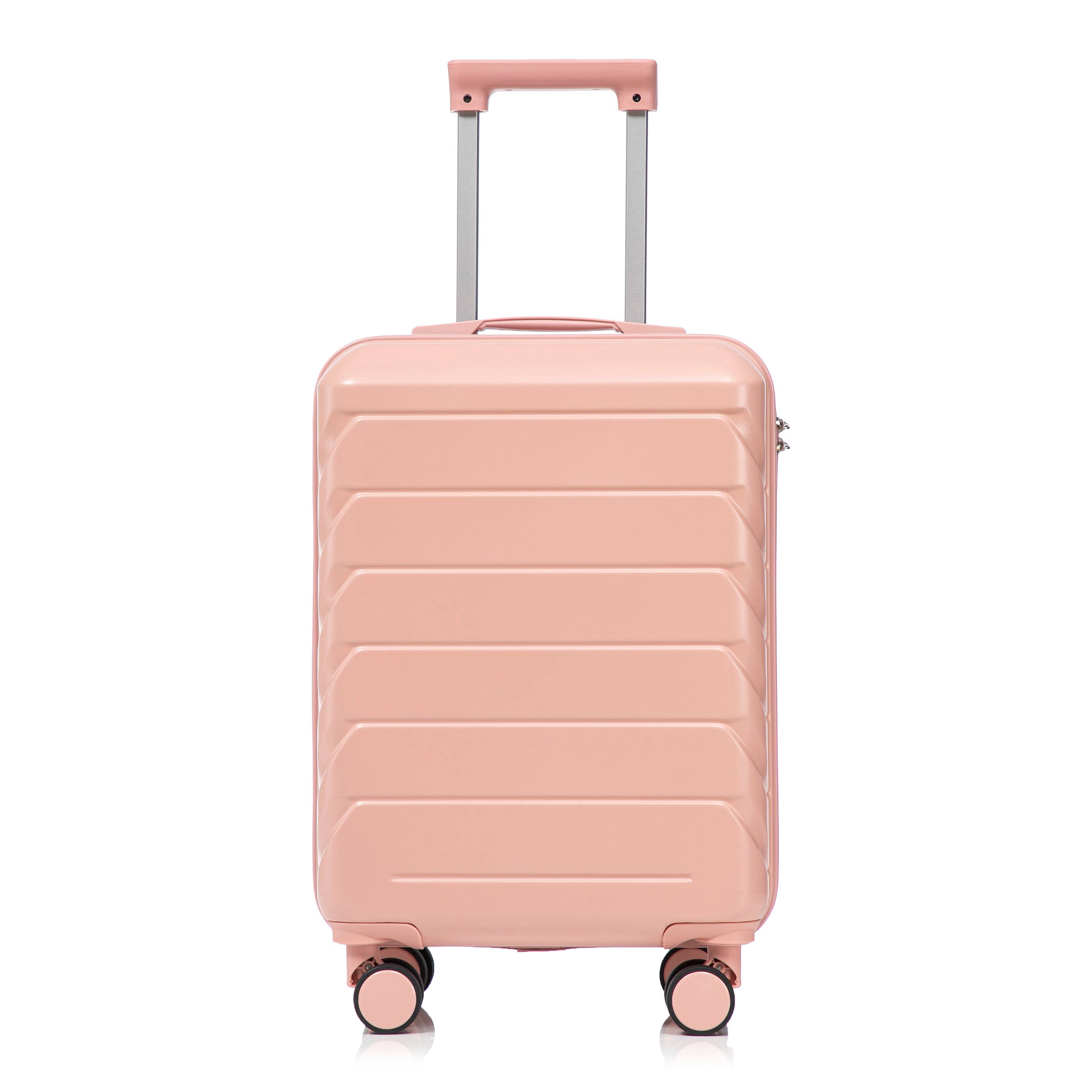 Angle. MERAVOM - 20" Hardside Checked Luggage, Suitcase with Spinner Wheels, Scratch-Resistant Hardshell Suitcase with Combination Lock - Pink.