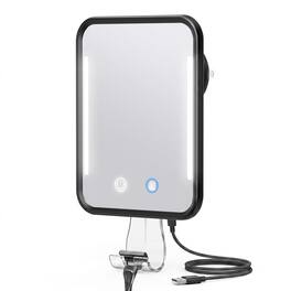 Dazzed Corner - Heated Fogless Shower Mirror with LED Light, Rechargeable, Suction Cup Razor Holder - Black