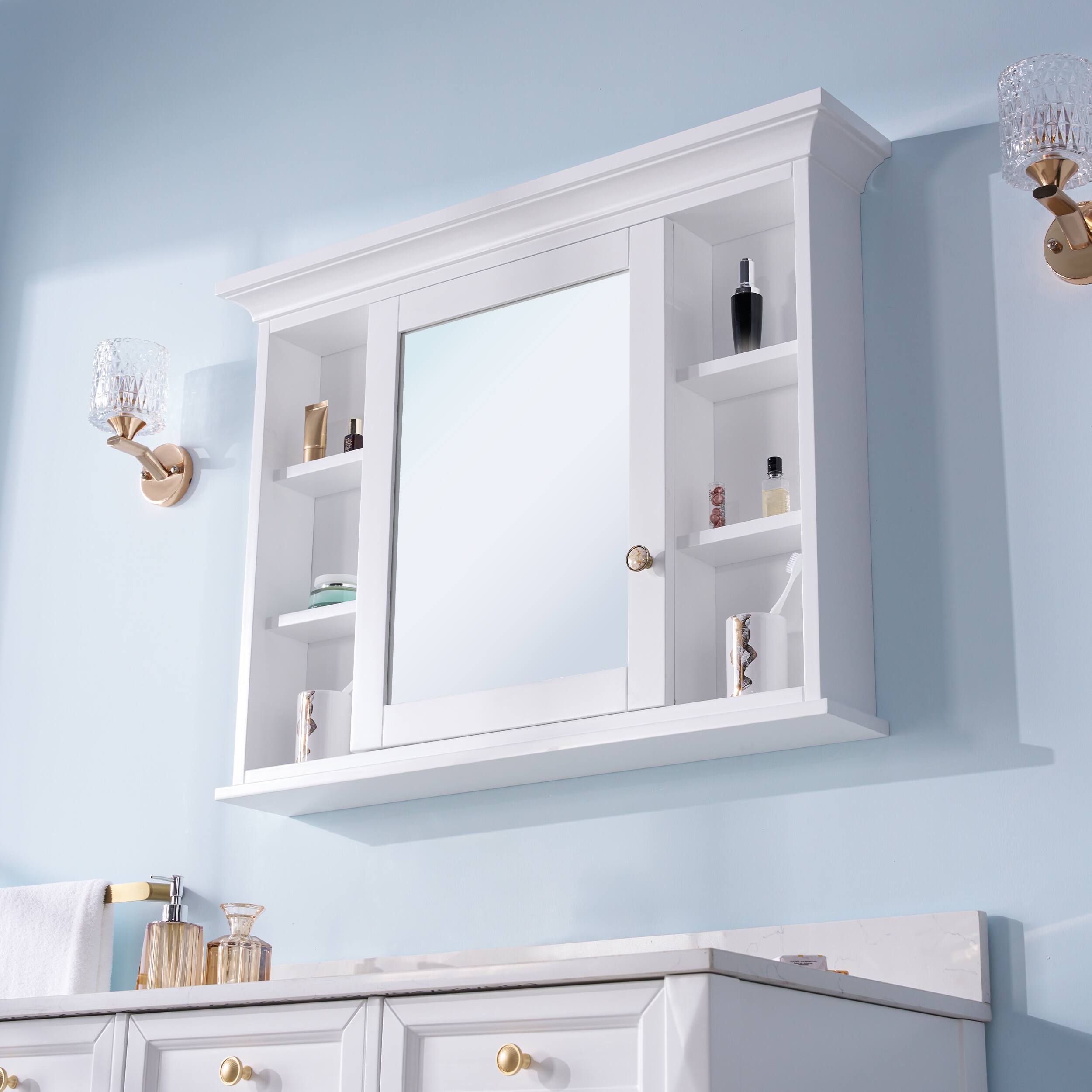 Left. WELLFOR - 40 in. W x 30 in. H Rectangular Solid Wood Medicine Cabinet with Mirror with Single Door - White.