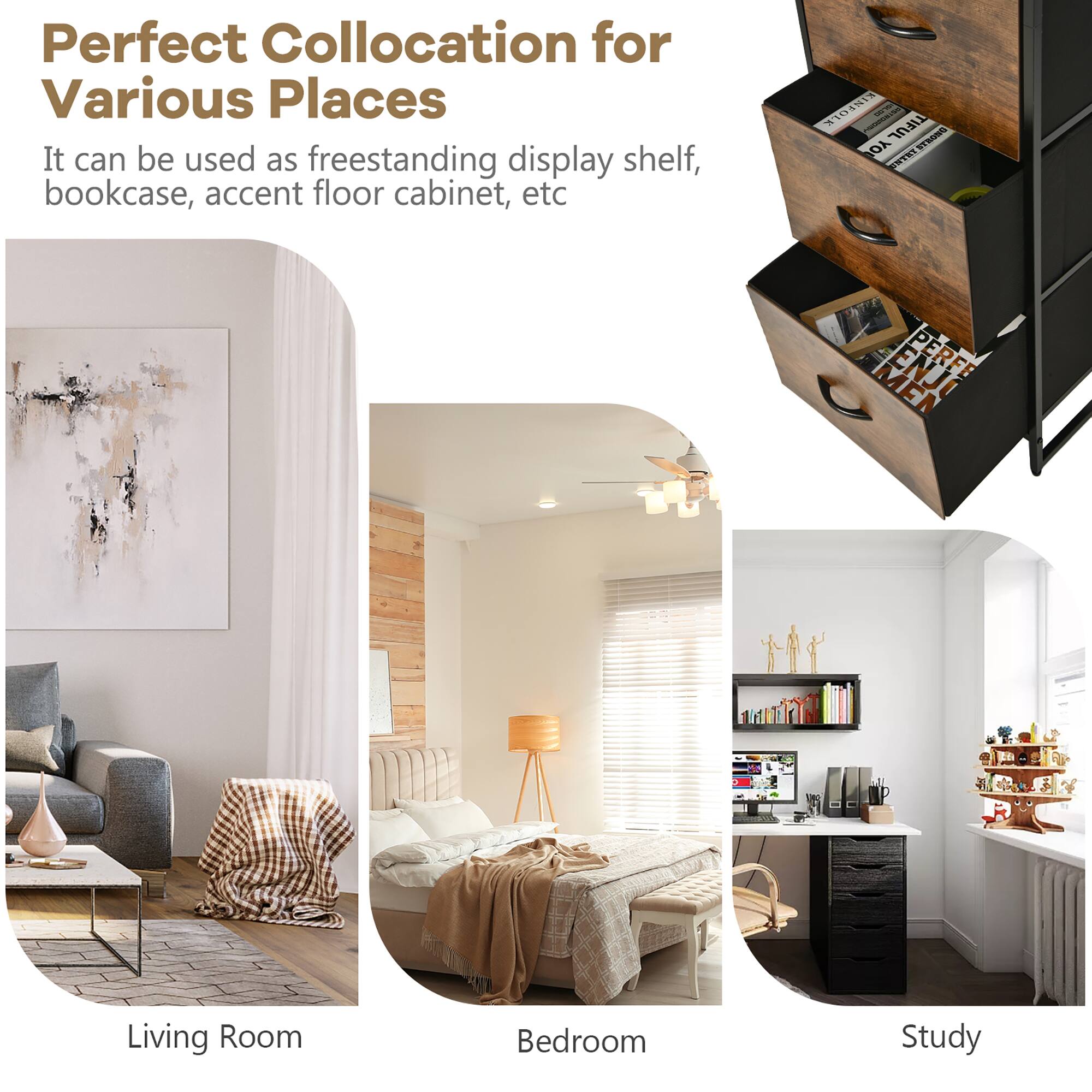 Perfect Collocation for Various Places It can be used as freestanding display shelf, bookcase, accent floor cabinet, etc. Living Room Bedroom Study