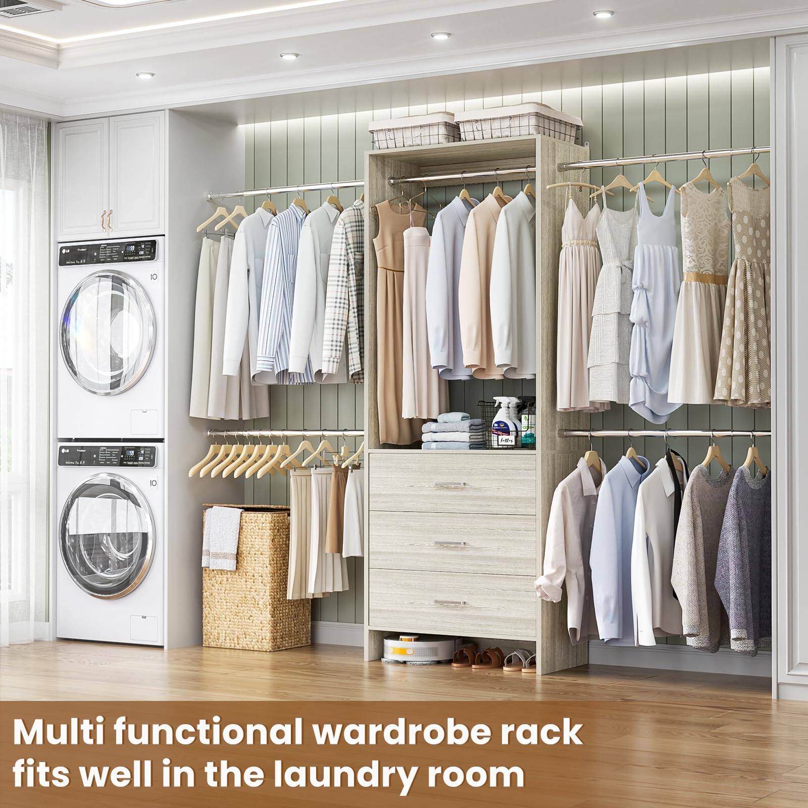 Multi functional wardrobe rack fits well in the laundry room