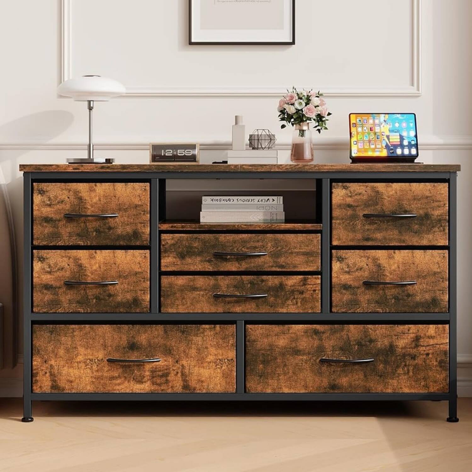 Jojoka - 8-Drawer Dresser, Fabric Storage for Bedroom, Console Table with Adjustable Lights, for Living Room - Rustic Brown