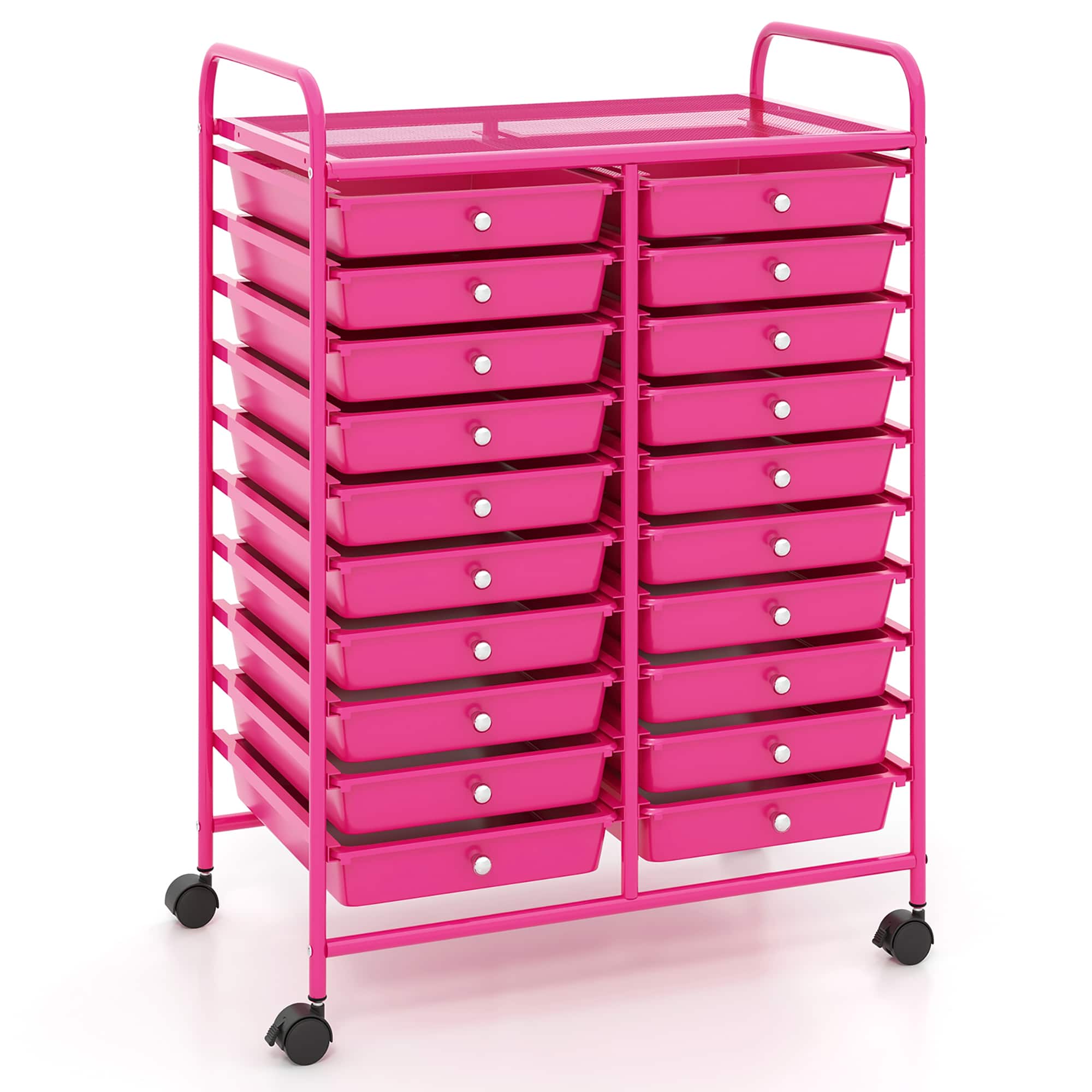 Gymax - Rolling Storage Cart Art Craft Organizer on Wheels Multipurpose 20 Drawers - Hot Pink