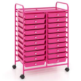 Gymax - Rolling Storage Cart Art Craft Organizer on Wheels Multipurpose 20 Drawers - Hot Pink