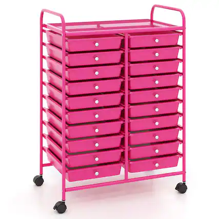 Front. Gymax - Gymax Rolling Storage Cart Art Craft Organizer on Wheels Multipurpose 20 Drawers Hot Pink - Hot Pink.