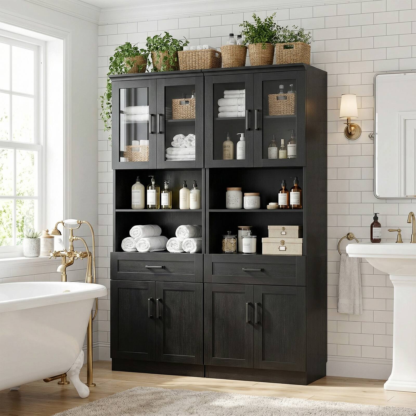 Back. Aheaplus - 79.7" Tall Pantry Cabinet Set of 2, Kitchen Hutch Cabinet with Adjustable Shelves and Drawers - Black.