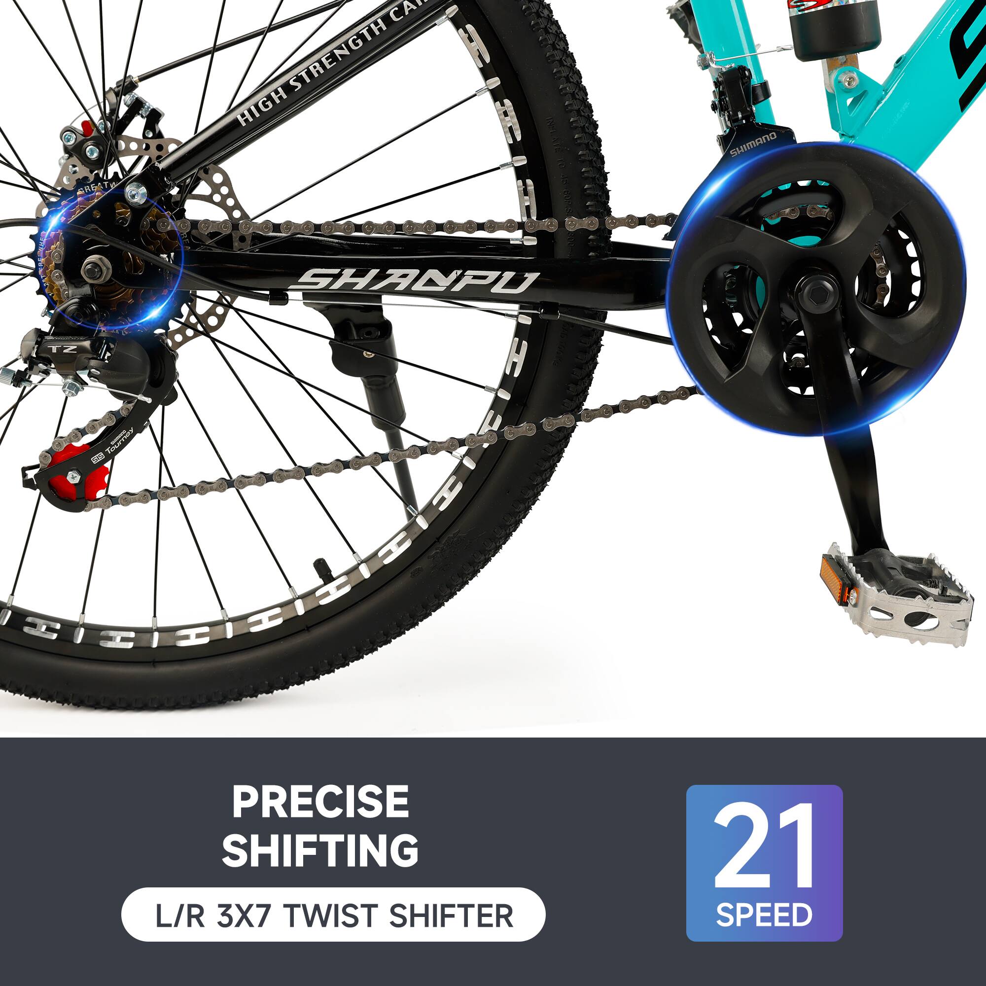 Sure, here is the corrected and grouped text from the image:

- **SHANPU**
- **HIGH STRENGTH CABLE**
- **PRECISE SHIFTING**
- **L/R 3X7 TWIST SHIFTER**
- **21 SPEED**