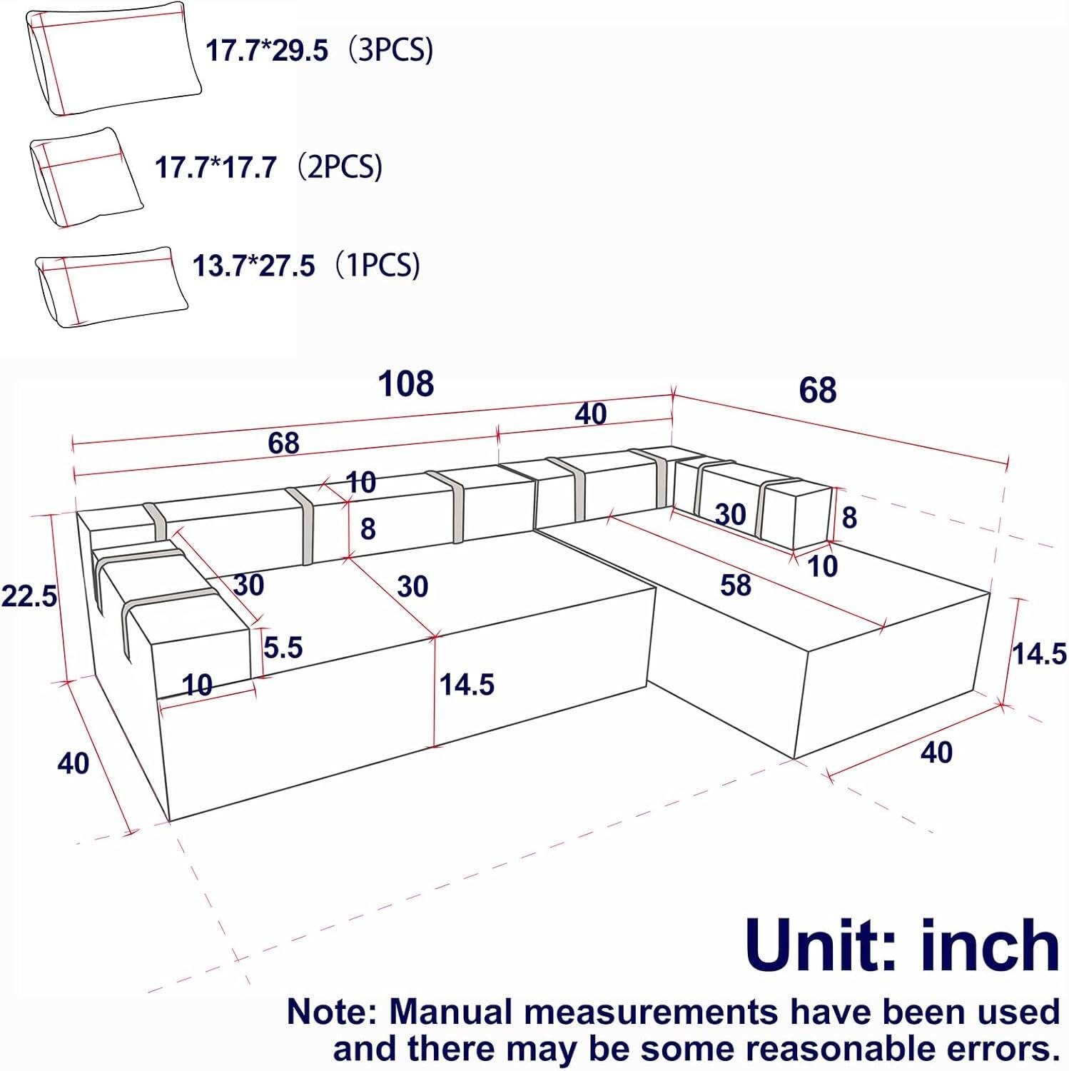 17.7*29.5 (3PCS)  
17.7*17.7 (2PCS)  
13.7*27.5 (1PCS)  

22.5  
68  
30  
108  
10  
8  
30  
40  
30  
58  
68  
8  
10  
10  
5.5  
14.5  
14.5  
40  
40  

Unit: inch  

Note: Manual measurements have been used and there may be some reasonable errors.