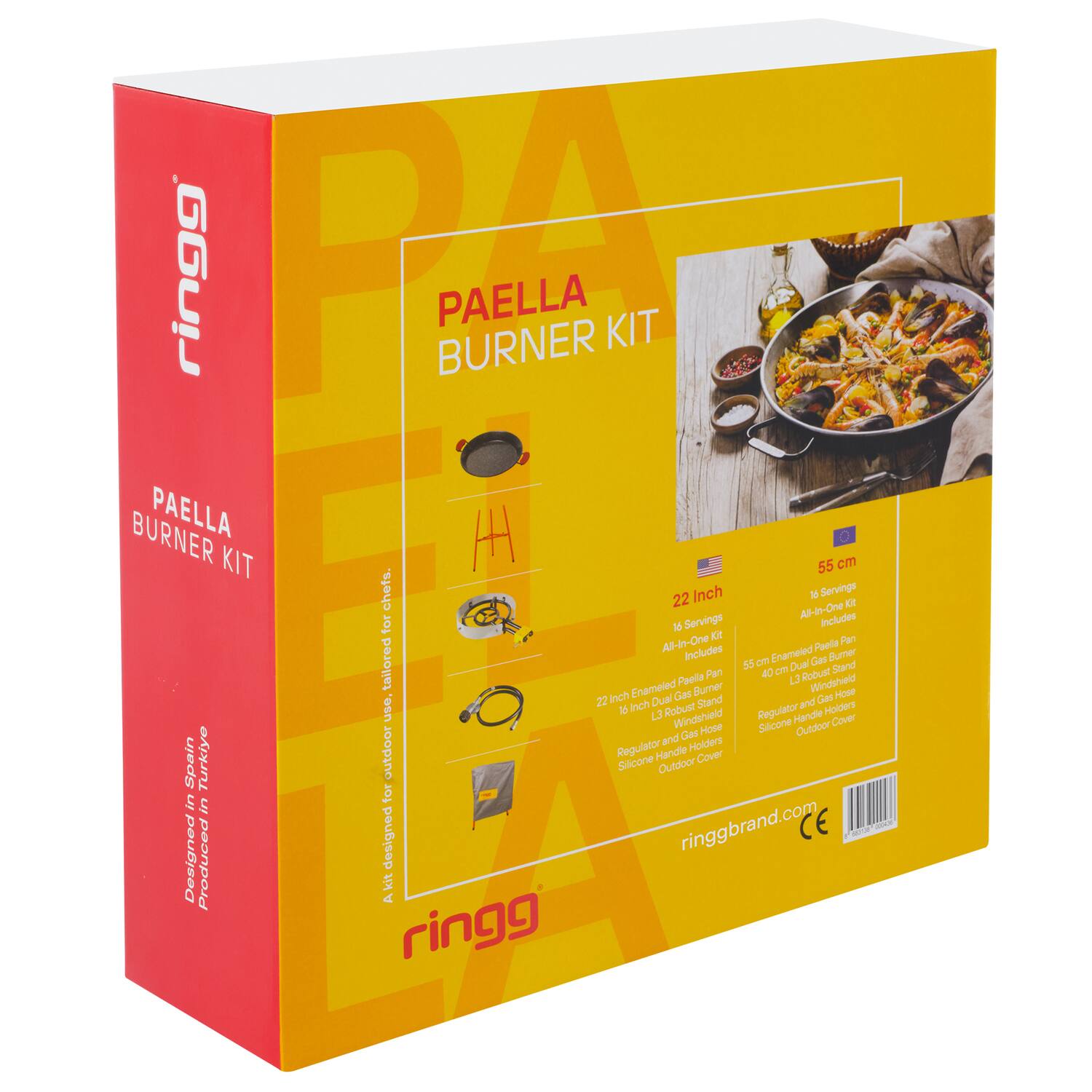 ringg PAELLA BURNER KIT  
PAELLA BURNER KIT  
22 Inch Al-in-One  
55 cm  
16 Servings  
Includes:  
- 22 Inch Enamel Paella Pan  
- 40 cm Dual Gas Burner  
- 16 Inch Robust Stand  
- 13 Robust Regulator  
- Windshield  
- Silicone Handle Holders  
- Outdoor Cover  

Designed in Spain, Produced in Turkey  
ringgbrand.com  
CE  

A kit designed for outdoor users tailored for chefs.