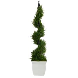BreeBe - 4' Cypress Spiral Artificial Tree in White Metal Planter - Green