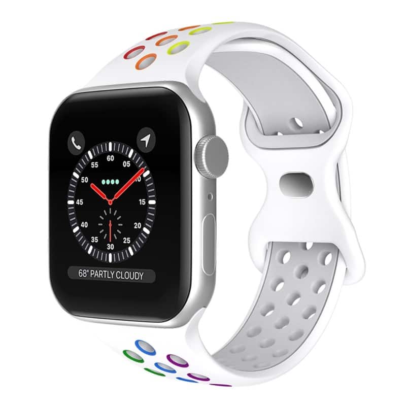 StrapsCo - ColorBlock Active Strap Silicone Rubber Watch Band For Apple Watch - 44mm/45mm/46mm/49mm/Ultra (Short-Medium) - White & Rainbow