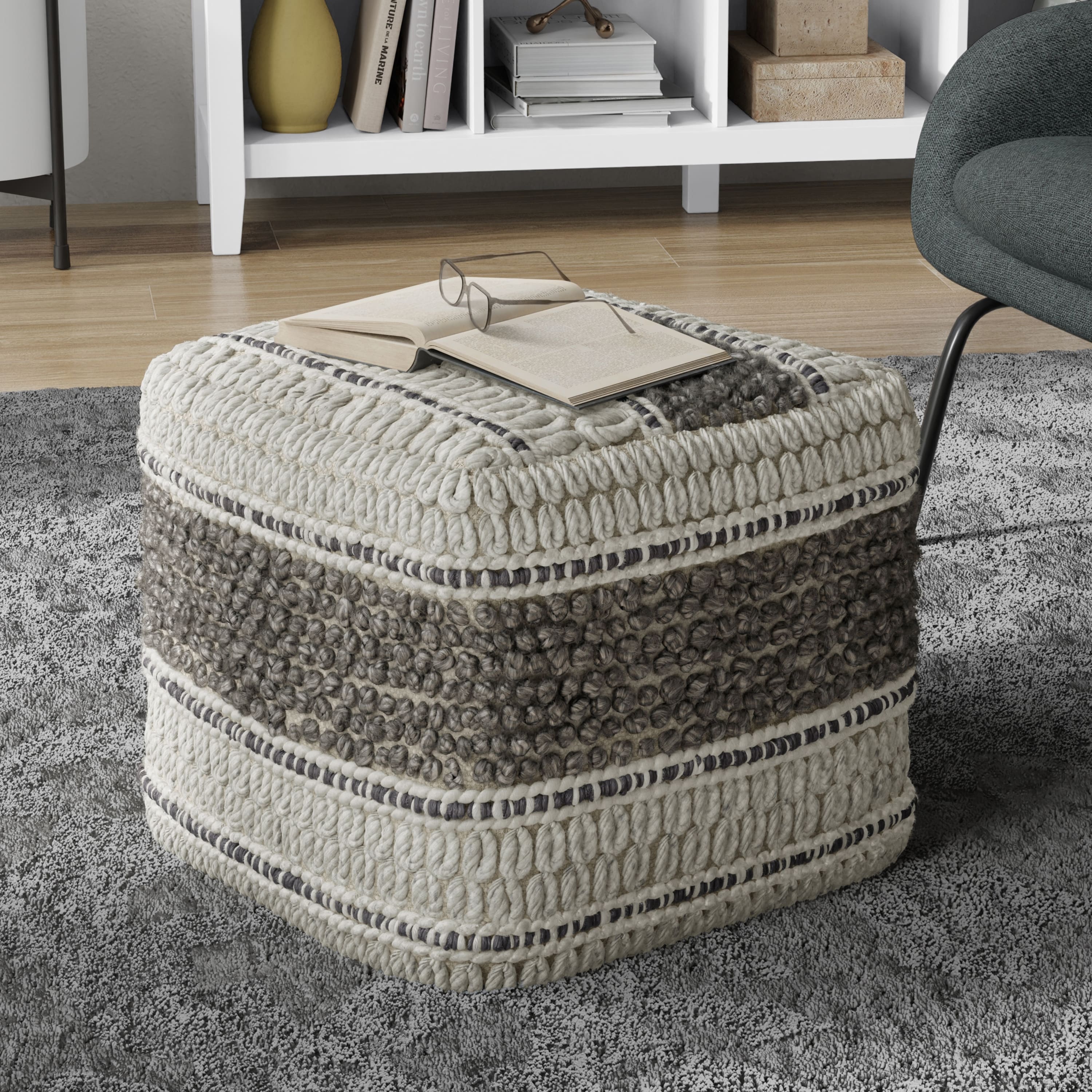 Simpli Home - Grady 18 inch Wide Square Pouf Handloom Wool and Cotton - Earth Tone Brown
