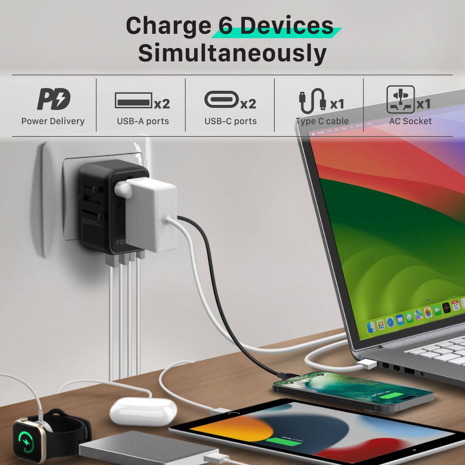 Charge 6 Devices Simultaneously

- Power Delivery
- USB-A ports x2
- USB-C ports x2
- Type C cable x1
- AC Socket x1