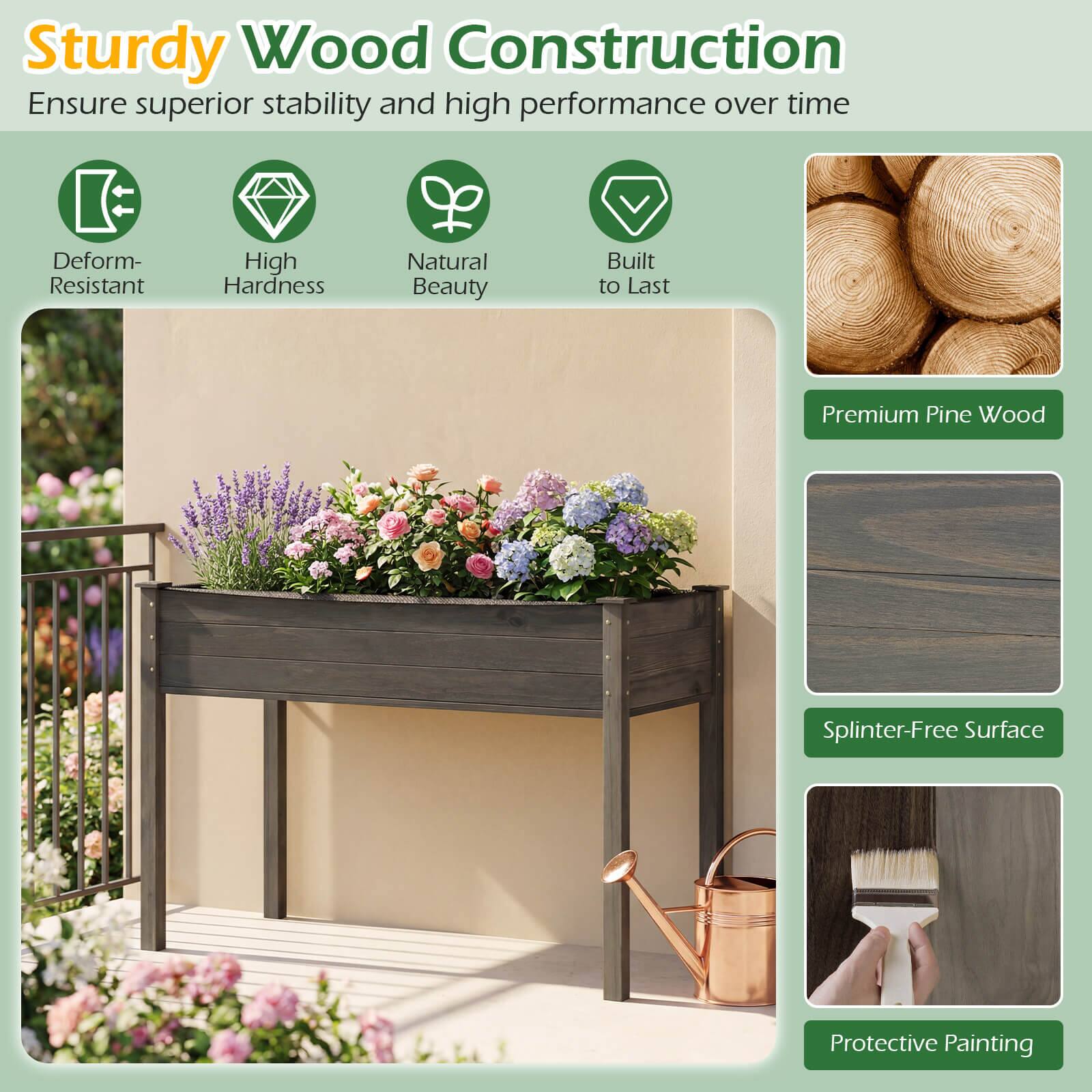 Sturdy Wood Construction  
Ensure superior stability and high performance over time  

- Deform-Resistant  
- High Hardness  
- Natural Beauty  
- Built to Last  

Premium Pine Wood  
Splinter-Free Surface  
Protective Painting