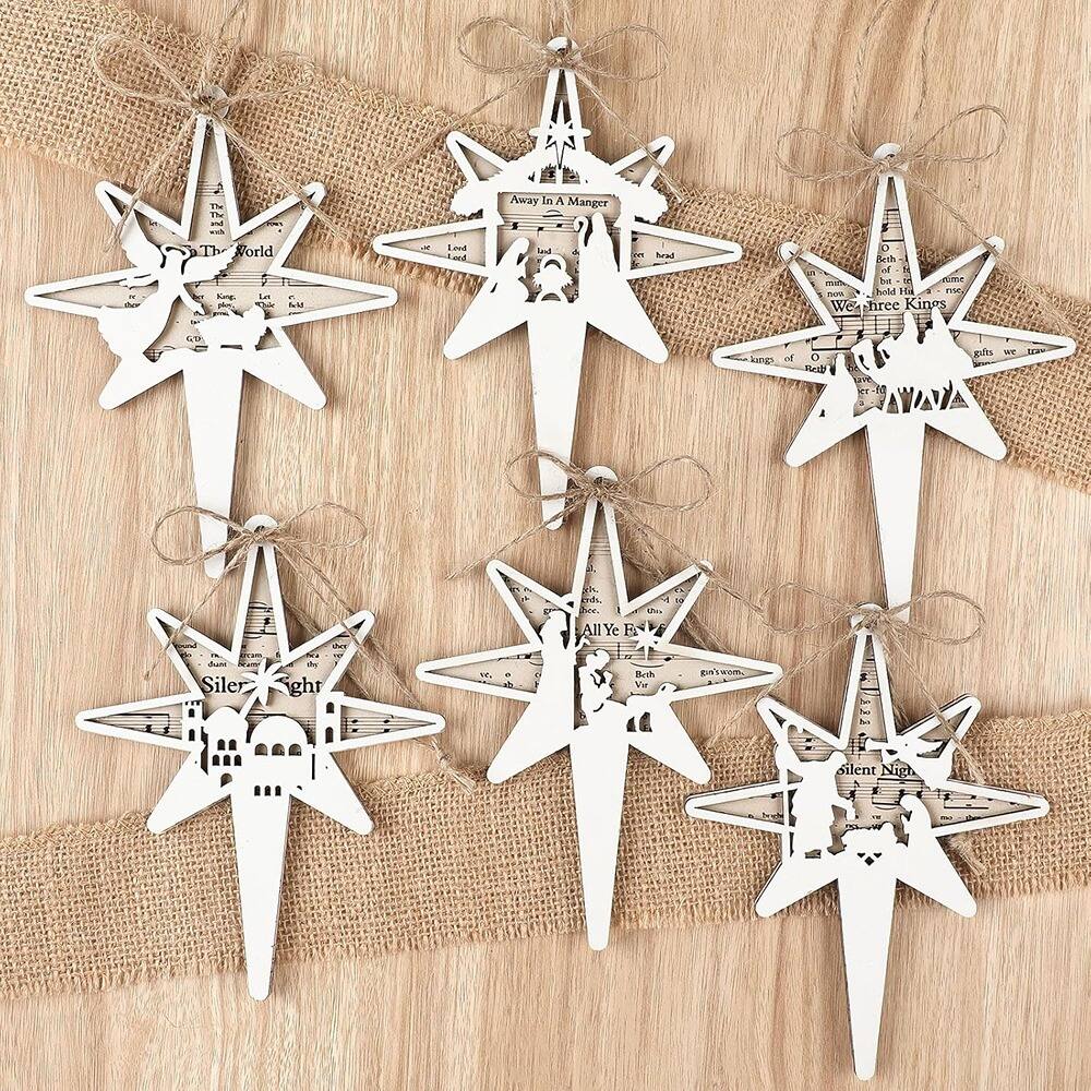 Schertz - 24-Pc 2025 Christmas Nativity Wooden Ornaments Set w/ 3D Hanging Designs - Silver