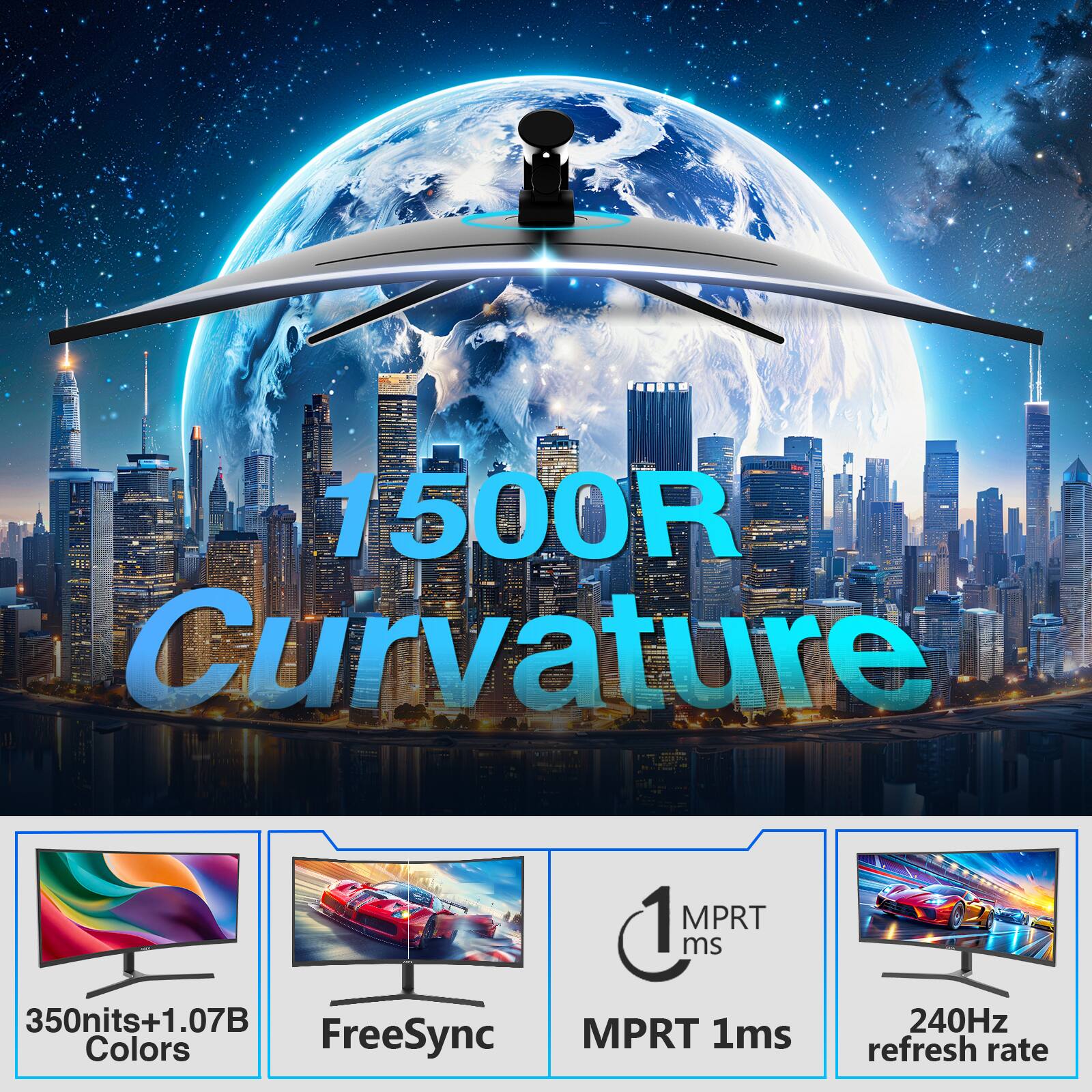 - 1500R 1 Curvature 1 MPRT ms 350nits+1.07B Colors FreeSync MPRT 1ms 240Hz refresh rate