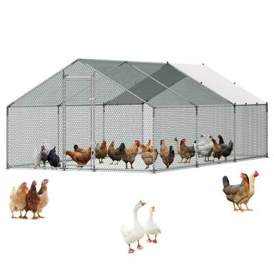 Front. VEVOR - Large Metal Chicken Coop 9.8x19.5x6.6 ft Walk-in Chicken Run House, Spire Roof Hen House Enclosure with Cover - Silver.