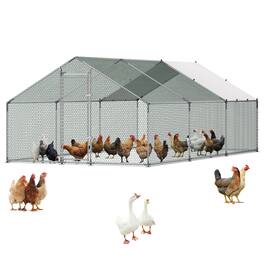 VEVOR - Large Metal Chicken Coop 9.8x19.5x6.6 ft Walk-in Chicken Run House, Spire Roof Hen House Enclosure with Cover - Silver