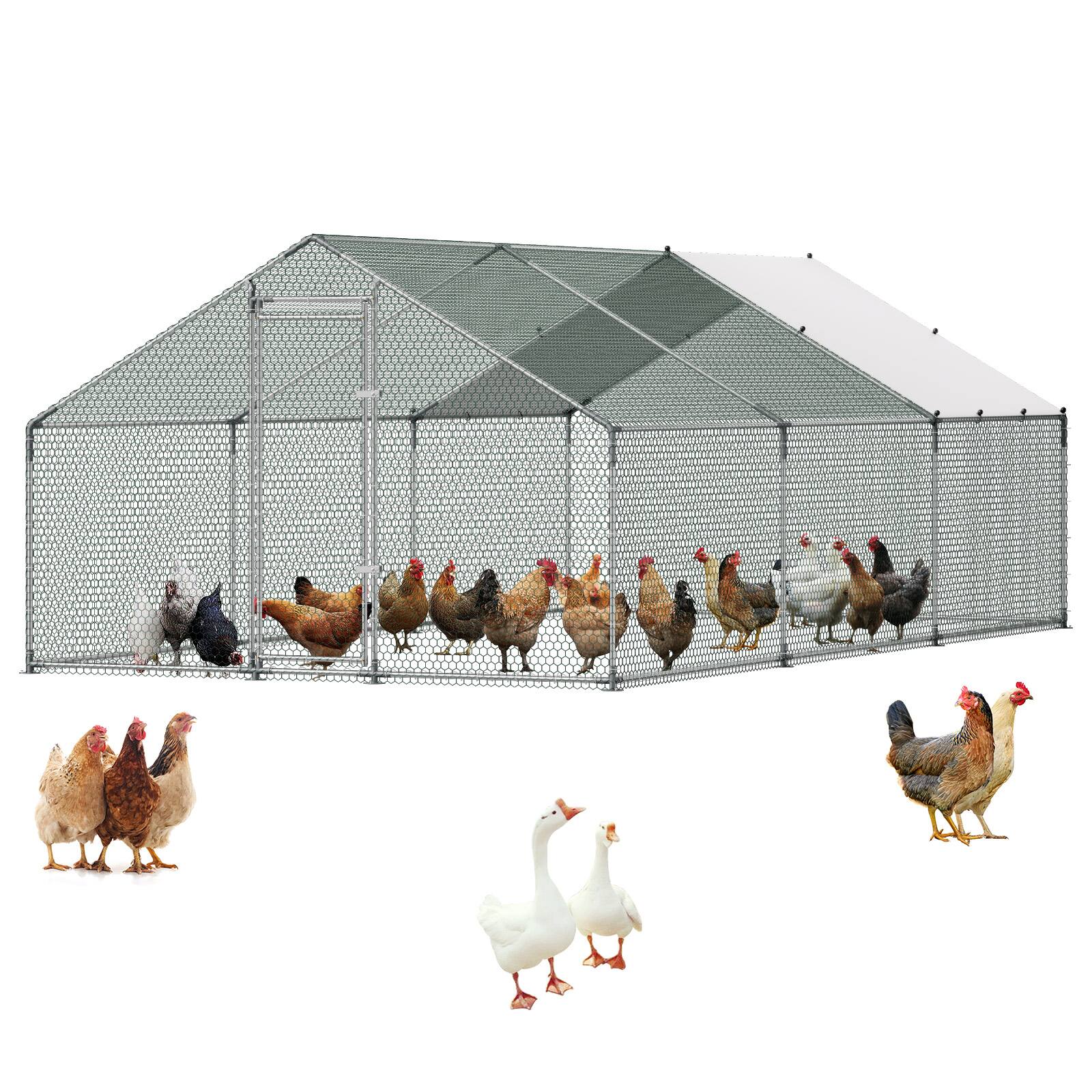 Front. VEVOR - Large Metal Chicken Coop 9.8x19.5x6.6 ft Walk-in Chicken Run House, Spire Roof Hen House Enclosure with Cover - Silver.